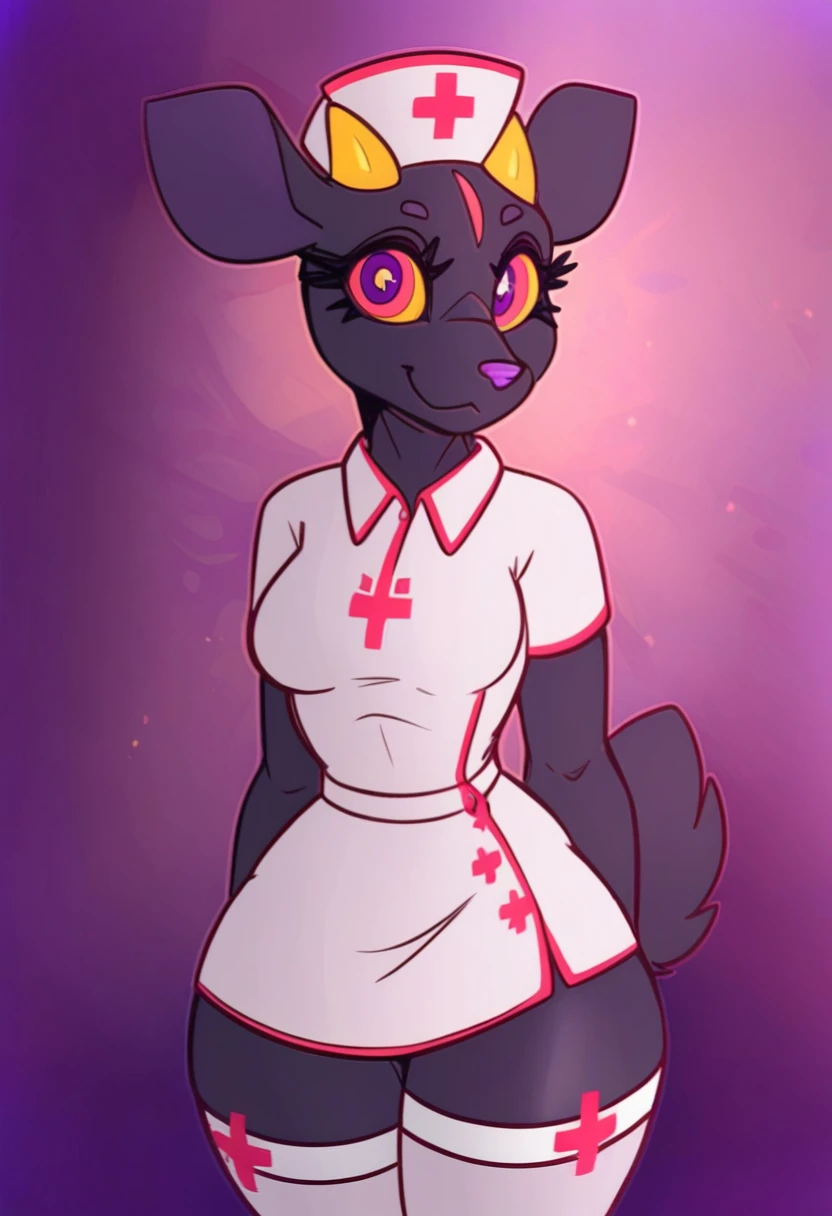 Alicorn princess, white mane,black sclera ,black body color long flowing mane pink eyes anthro huge breasts
Nurse outfit hospital