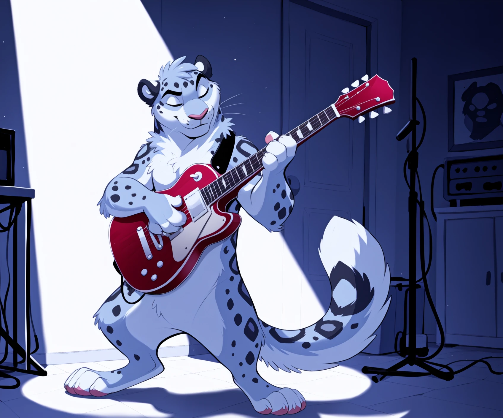 [lizet|adios|dradmon|fumiko], anthro, male, solo, 4 fingers, fur, , detailed background, inside, blue and pink theme, dramatic lighting, spotlight, feet, biped, toes, eyes closed, white background, leg raised, action pose, holding object, musical instrument, playing music, guitar, mammal, pantherine, snow leopard, featureless , toony, pink pawpads, digital media \(artwork\)