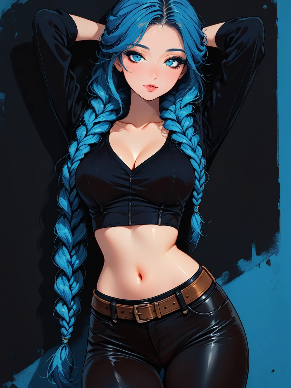 masterpiece, best quality, very aesthetic, absurdres, newest, very sexy girl, sexy figure, 1girl, 25yo, black and blue long braided hair, black crop top, black pants, brown belt, medium breasts, bare midriff, blue eyes, beautiful face, long eyelashes, eyeliner, makeup on eyelashes, hands behind head, seductive pose, black wall background, indoor, alluring expression, navel, cleavage, sexy, tight pants, curvy hips