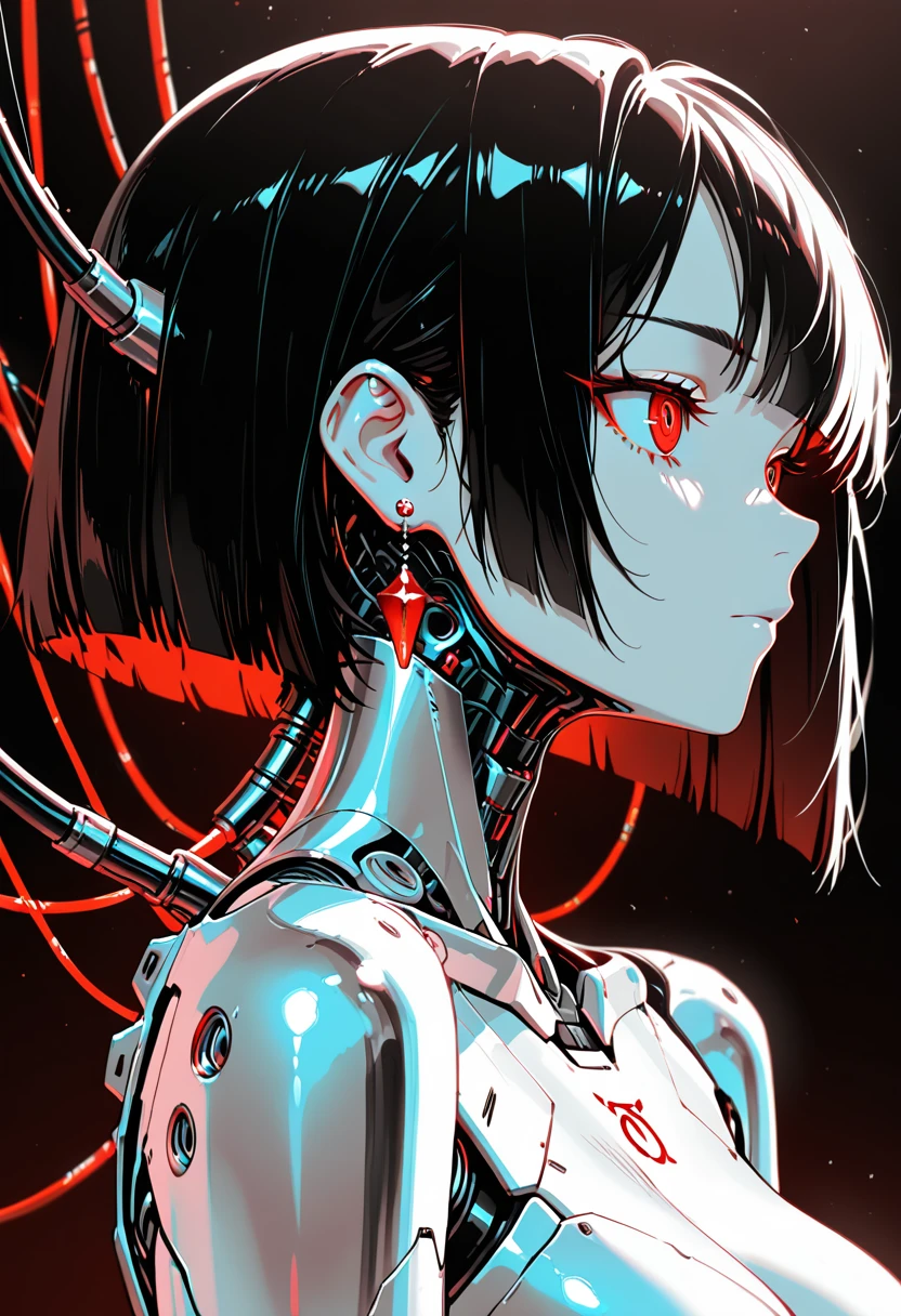 highres, very detailed, amazing quality, masterpiece, very aesthetic,
1girl,solo,robot girl,mechanical girl,black hair,open head,wire chords,ports,bangs,red eyes,perfecteyes,earrings,eyebrows,monochrome,from the side,side view,mechanical joints,mechanical neck, addmicrodetails,<lora:AddMicroDetails_NoobAI_v2:0.8>,