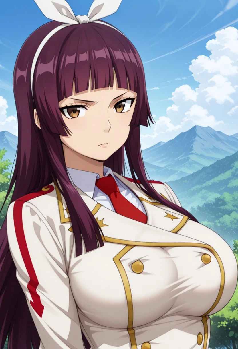 whentai,
1girl, Kagura Mikazuchi, long hair, purple hair, hime cut, white hairband, brown eyes, solo, long_hair, necktie, purple_hair, breasts, looking_at_viewer, brown_eyes, large_breasts, outdoors, sky, bangs, day, uniform, cloud, blunt_bangs, red_necktie, white_uniform, hairband, upper_body, blue_sky, shirt, mountain