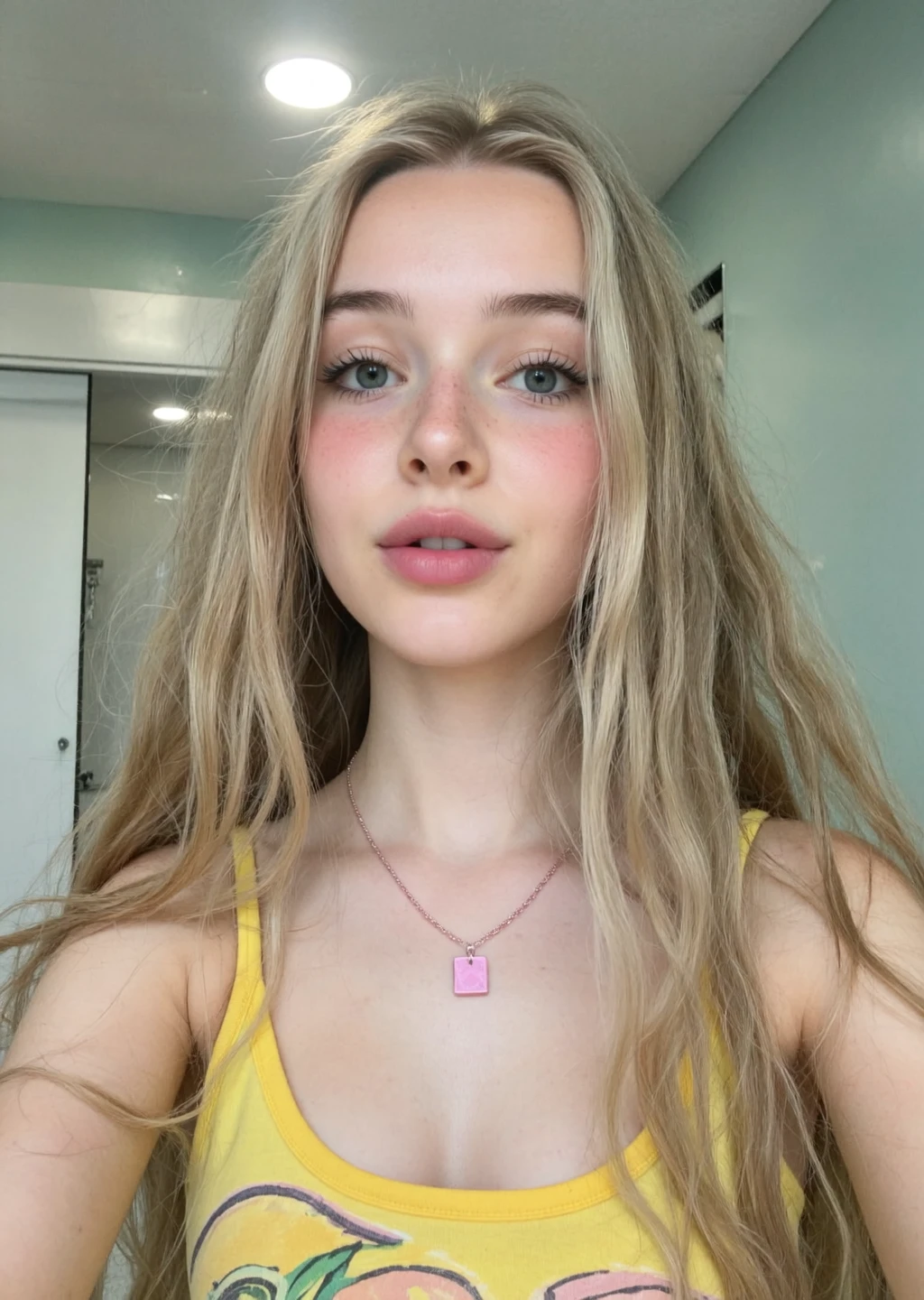 Instagirl, l3n0v0, no makeup, petite body, low-angle selfie shot, young white woman with long wavy blonde hair, tanned skin, and heart-shaped face - wearing yellow Brazil tank top, pink square pendant necklace, subtle freckles, tanned skin, indoor pale mint-green wall background, round recessed ceiling light, bright diffused overhead lighting, natural soft shadows, quiet contemplative mood, subtle grain texture, gentle noise floor ambience, DIY framing imperfections, candid personal snapshot, amateur cellphone quality
visible sensor noise, artificial over-sharpening, heavy HDR glow, amateur photo, blown-out highlights, crushed shadows, eyes open
