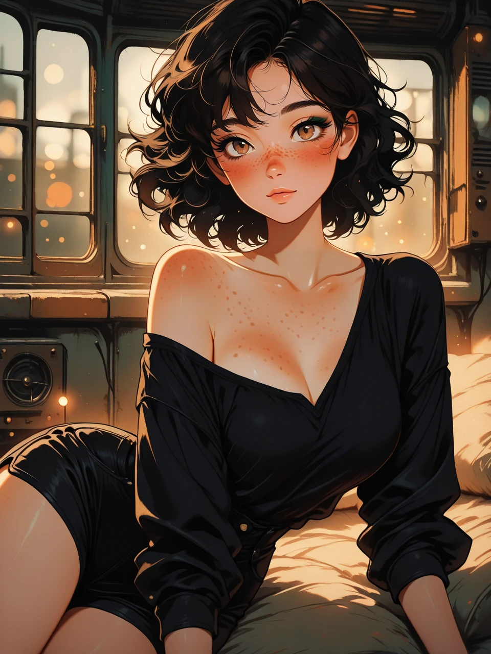 masterpiece, best quality, very aesthetic, absurdres, newest, 1girl, brown eyes, beautiful face, cute face, 18 years old, jet-black hair, orange strands, solo, freckles on face, freckles on chest, freckles on breasts, narrow waist, narrow hips, loose black shirt, falling off shoulder, tight black shorts, lying on stomach, legs bent, smudged eyeliner, industrial windows, dim moody light, intricate details, elegant pose, detailed textures, dynamic lighting, captivating gaze, artistic composition, vibrant colors, high contrast, emotional depth, atmospheric setting, striking visuals, dramatic angle, bokeh, grunge