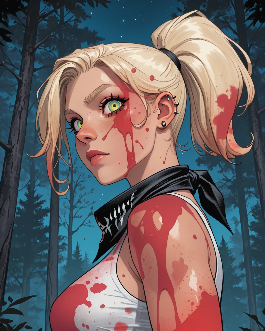 Close-up of a woman holding an axe in her hand with a terrified expression, clean from a horror movie scene, With an ax, Horror illustration, laura palmer, From horror films, From the Twin Peaks scene, Inspired by Ruth Deckard, Evil Woman, With an ax, ( Art Fitzpatrick ), Horror Movie Slasher, From the Twin Peaks scene, From Hotline Miami, evil dead