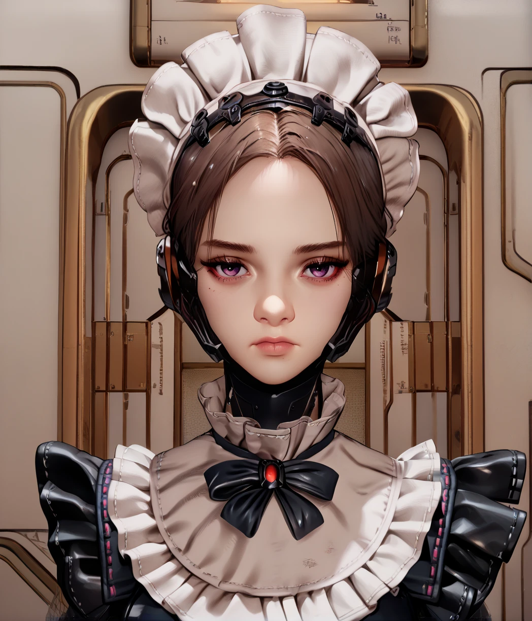 score_9, score_8_up, score_7_up, score_6_up, score_5_up, score_4_up, 
arisasbxl, brown hair, purple eyes, expressionless, 
maid, dress, frills,  headdress, bow,   
standing, upper body, looking at viewer, 
indoors, science fiction, 
<lora:MaidArisaSBxl:1>,