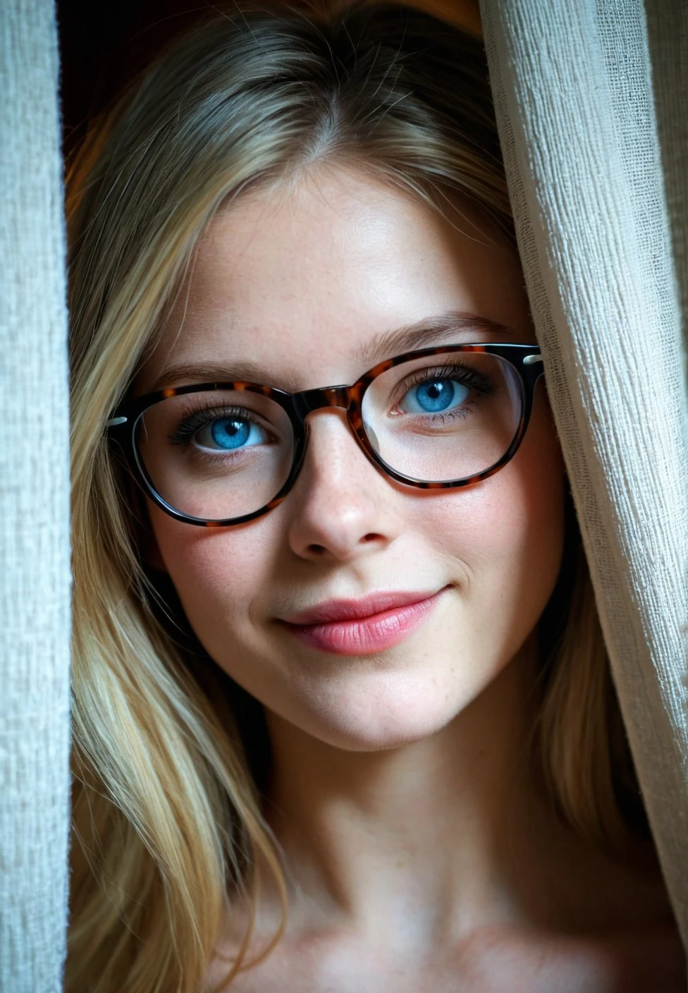 Photo, RAW, Best Quality, High Quality, HDR, 4K, Intricate Details, very Beautiful, very detailed, volumetric lighting, Confused, Soft features, absurdres, 20 year old dutch woman, beautiful blue eyes, shy, seductive, teasing, playful, colorful, dynamic angle, monolid eyes, lips apart, (upper body photo:1.3), framed between two curtains, structure, realistic, ultra detailed, realistic skin texture, gentle inviting smile, wearing glasses, (dressed in casual clothes:1.3),
