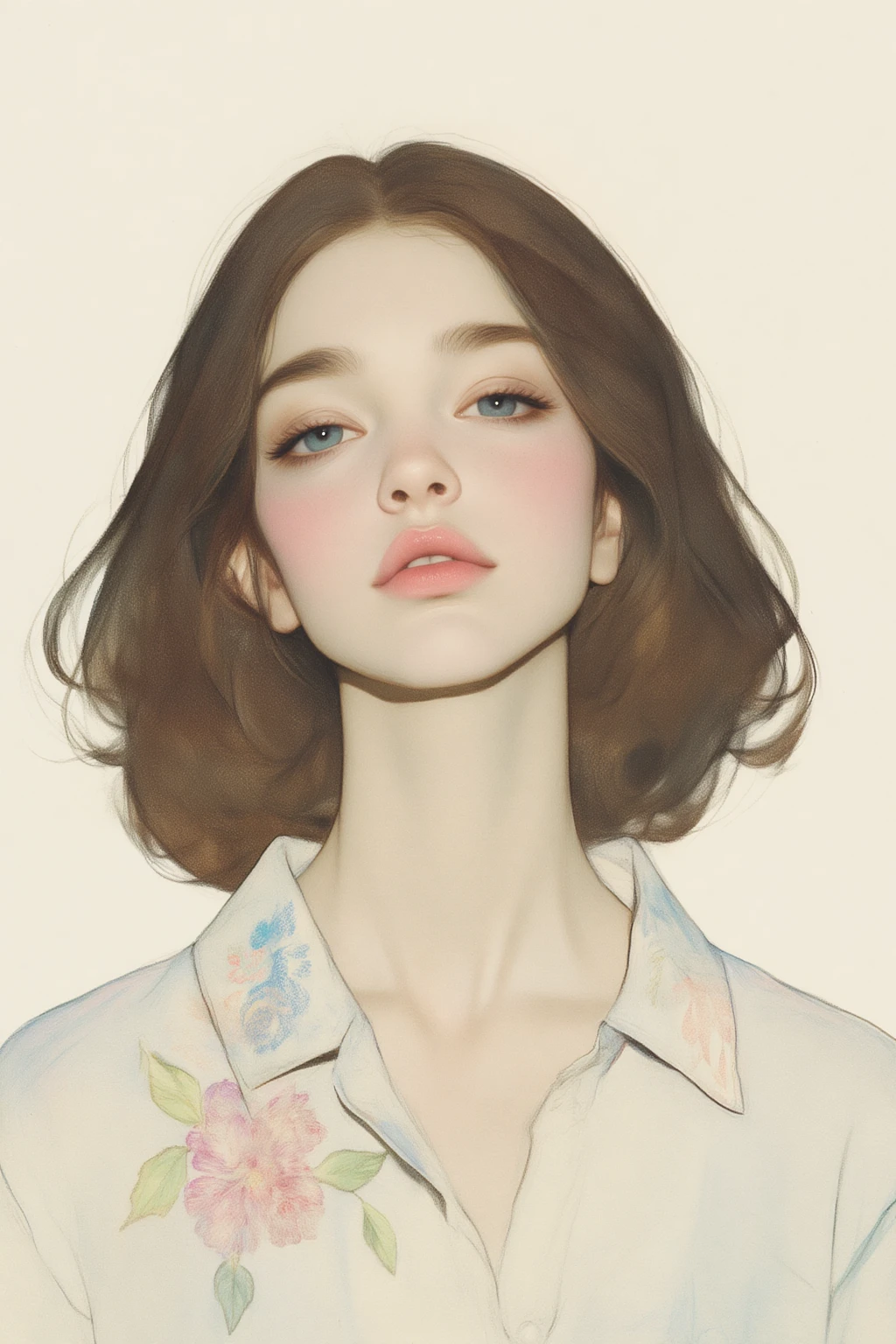 OBxiaoxiang,
The image depicts a young woman with light brown hair styled in loose waves. She has a fair complexion and is wearing a light-colored shirt with floral embroidery on the collar and chest area. Her expression is serene
with a soft gaze directed slightly upwards. The background is a plain
neutral color
which helps to highlight the subject and her attire.