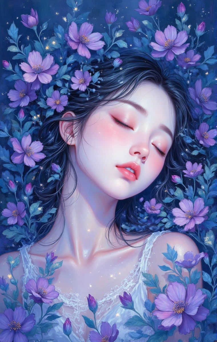 bbf,This painting is a dreamy and beautiful illustration, dominated by blue-violet tones, creating a quiet and romantic atmosphere. The woman is with her eyes closed, her face gentle and beautiful, surrounded by blooming flowers, her hair intertwined with the flowers. Petals gently fall, light spots like stars scattered, blending the figure with nature, conveying a peaceful and beautiful mood, as if a fairy sleeping among the flowers, fully displaying elegance and dreams.