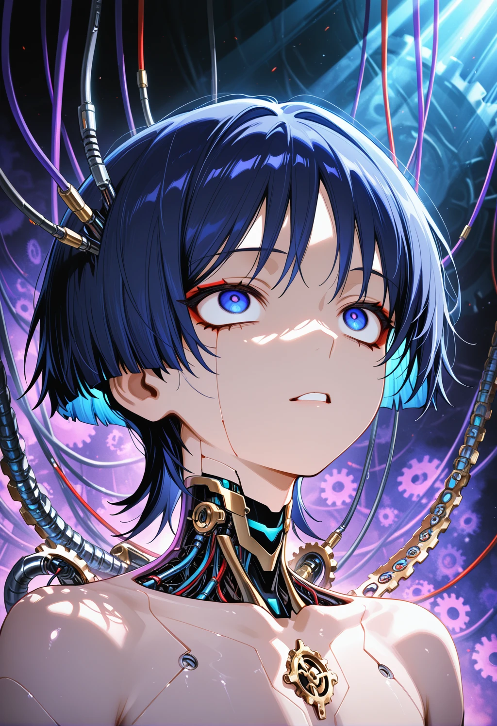 cybernetic robot 1boy, solo, scaramouche \(genshin impact\), short hair, portrait, slender, yandere look, male focus, red face, insane look, looking up, Hime cut, blue eyes, blue hair, void, purple cables to body, gears, wires connected to body, body parts, light rays, shadows, tied, caustics, upper body, purple fog . android, AI, machine, metal, wires, tech, futuristic, highly detailed, <lora:AddMicroDetails_NoobAI_v2:0.5>, (addmicrodetails:2)