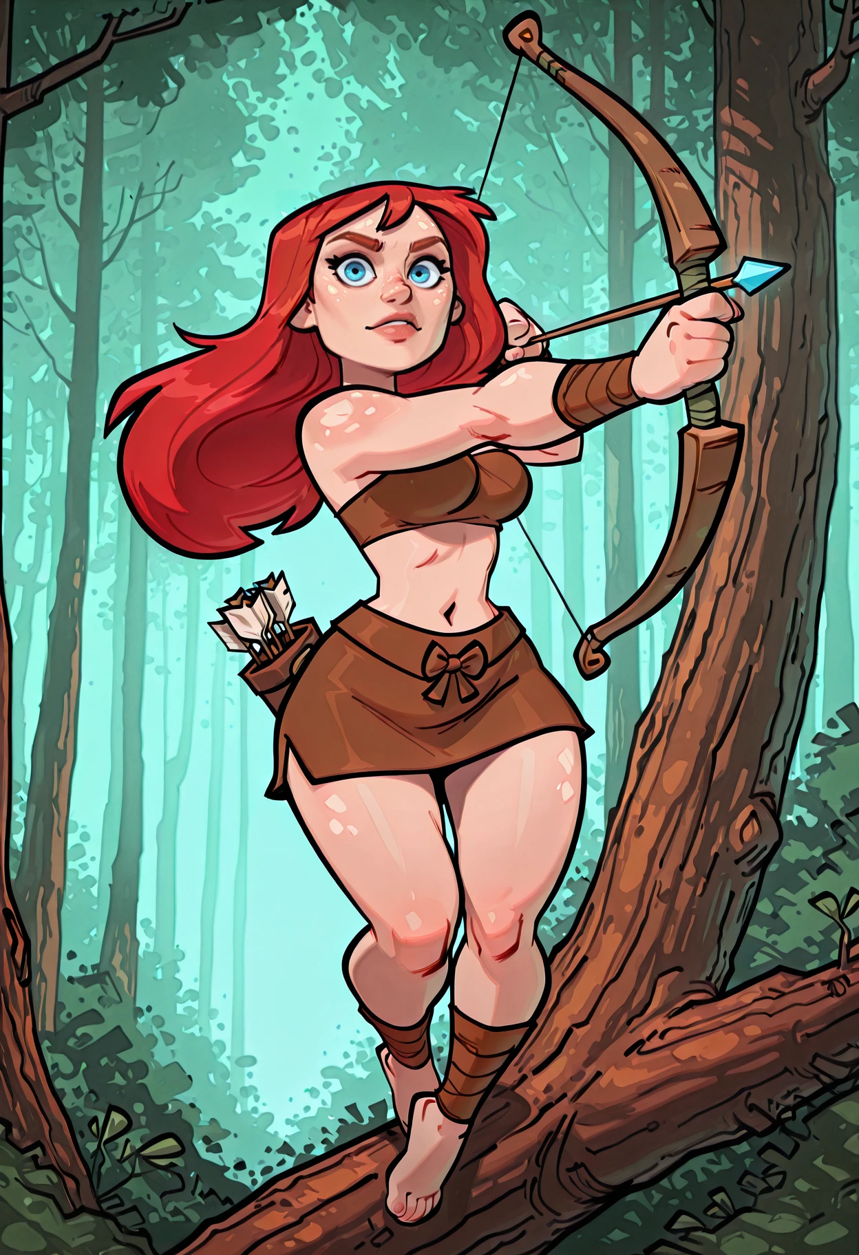 masterpiece,best quality,absurdres,1girl,solo,redhead,blue eyes,long hair,bangs,bow \(weapon\),barefoot,fantasy archer,midriff,forest,navel,nature,quiver,brown ankle wrap,on tree,brown bandeau,brown skirt,holding bow \(weapon\),dappled shadows,dynamic angle,action pose,volumetric lighting,looking at viewer,face focus,<lora:Iunno:1>,