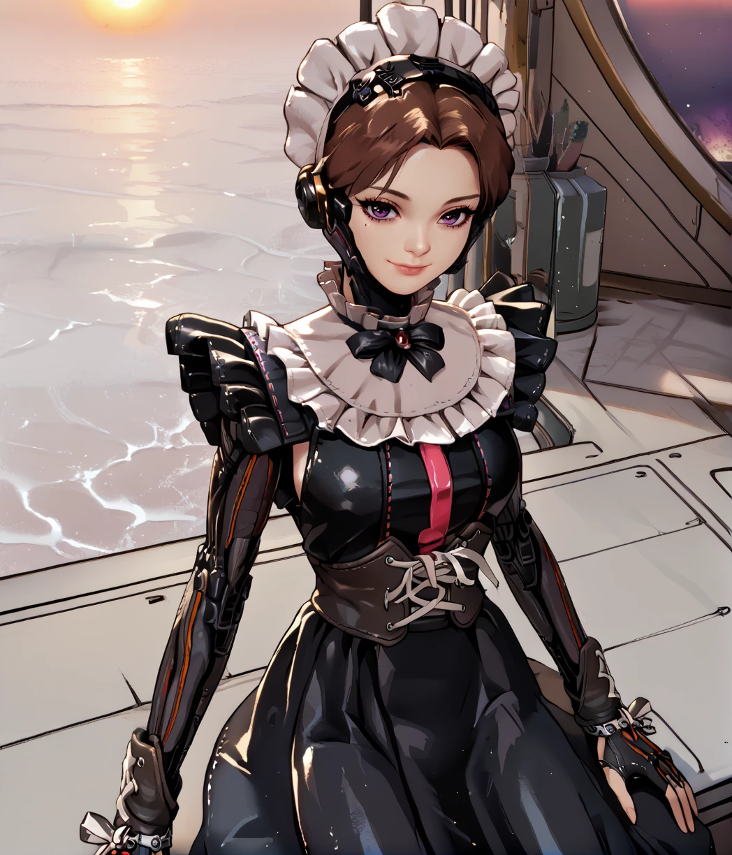score_9, score_8_up, score_7_up, score_6_up, score_5_up, score_4_up,
arisasbxl, brown hair, purple eyes, light smile,
maid, black dress, frills, mechanical arms, corset,
looking at viewer, sitting,
window, morning, seascape, science fiction,
<lora:MaidArisaSBxl:1>,