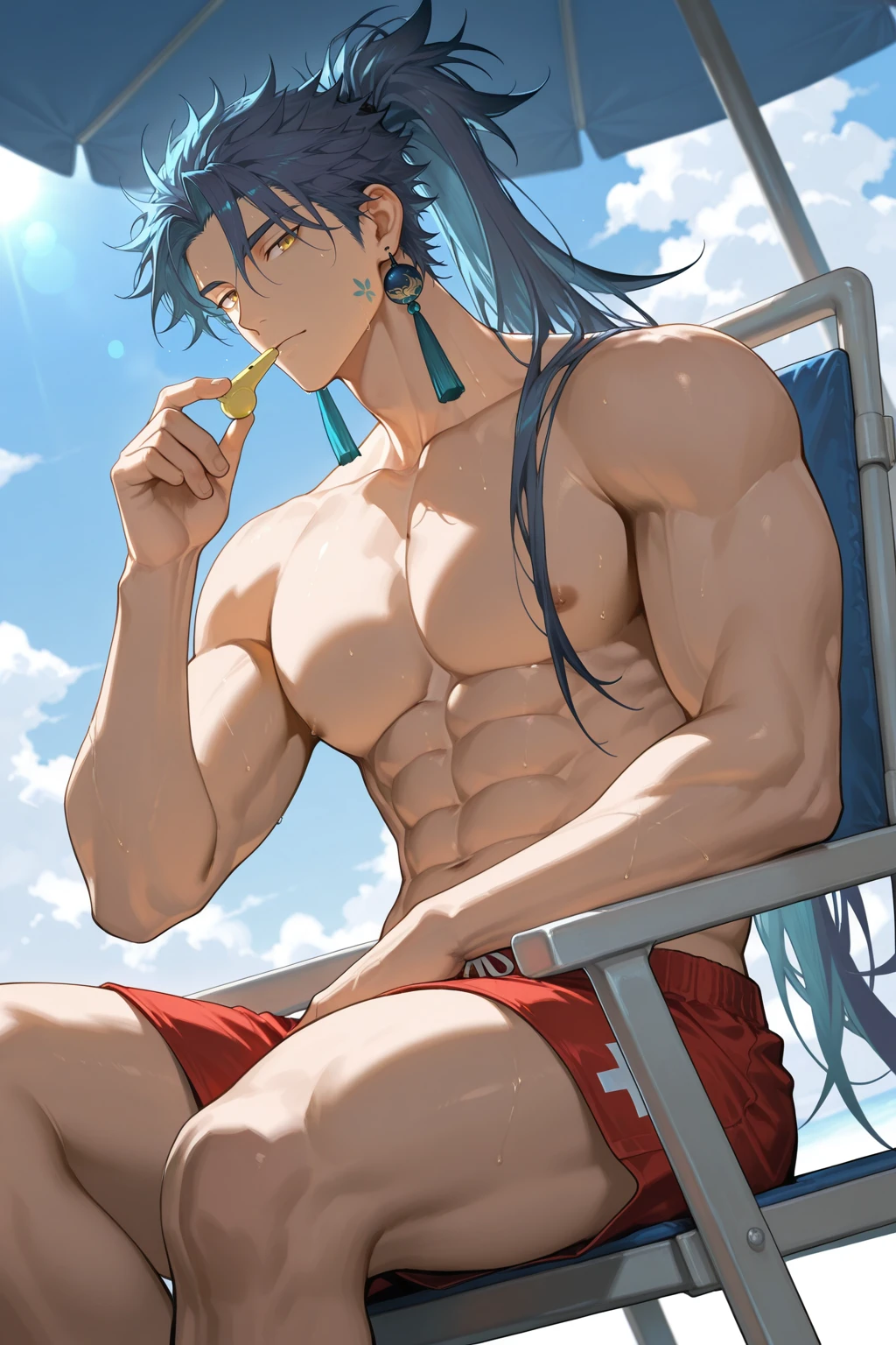 A muscular handsome blue haired man with silver eyes with long hair in swim trunks is drinking at the beach