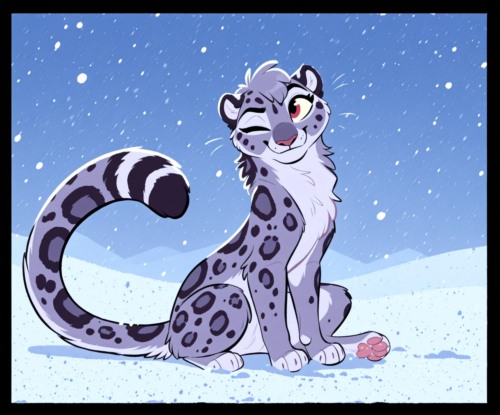 texturedlineless, female, solo, fur, tail, , smile, feral, feet, tuft, markings, sitting, ambiguous gender, grey body, outside, paws, red eyes, pawpads, grey fur, fluffy, one eye closed, spots, pink pawpads, black border, mammal, felid, pantherine, hybrid, snow leopard, leopard