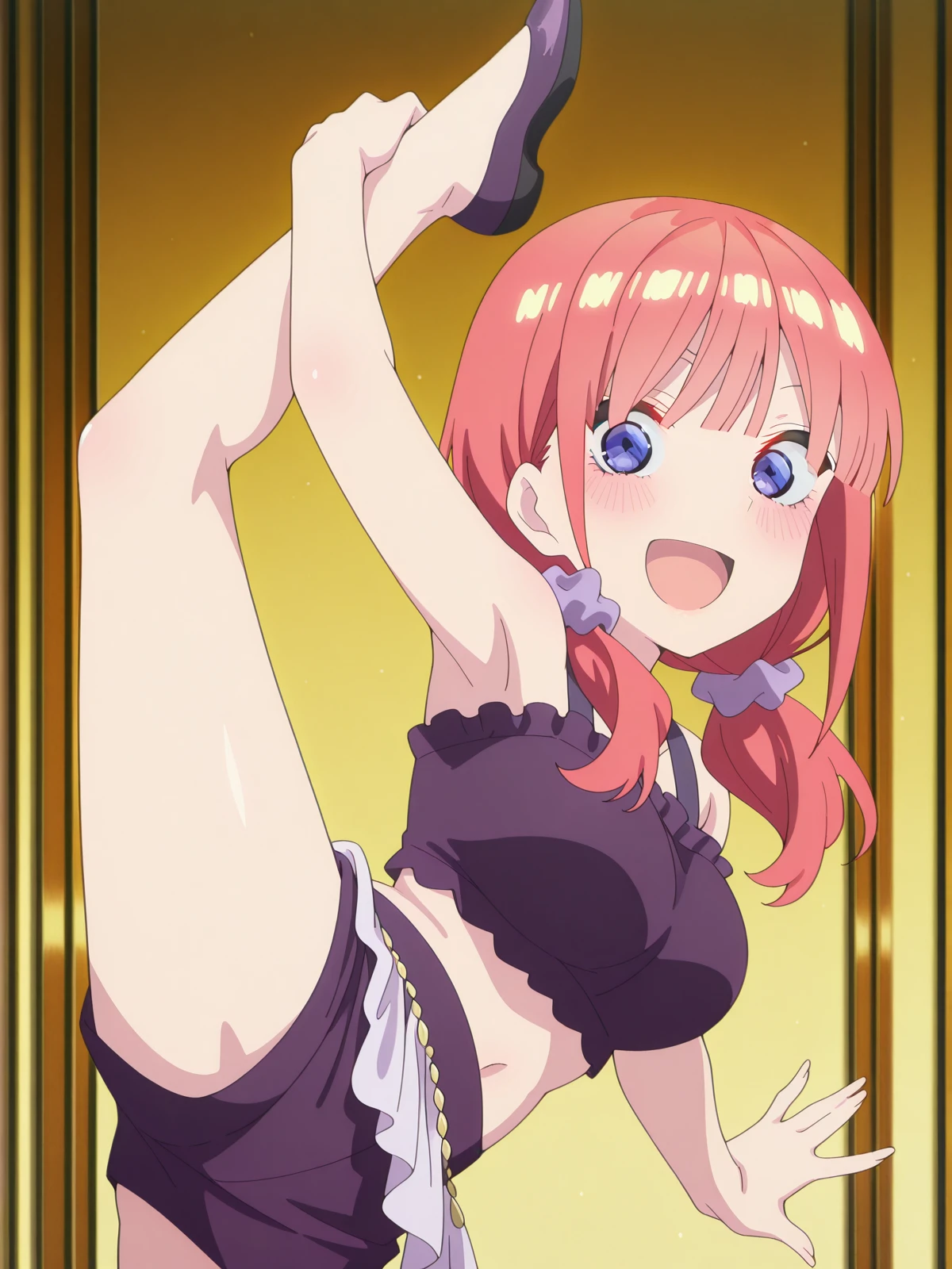 (masterpiece), (best quality), 1girl, medium breasts, id_maki_nishikino, bikini, looking at viewer, from below, smile, white background