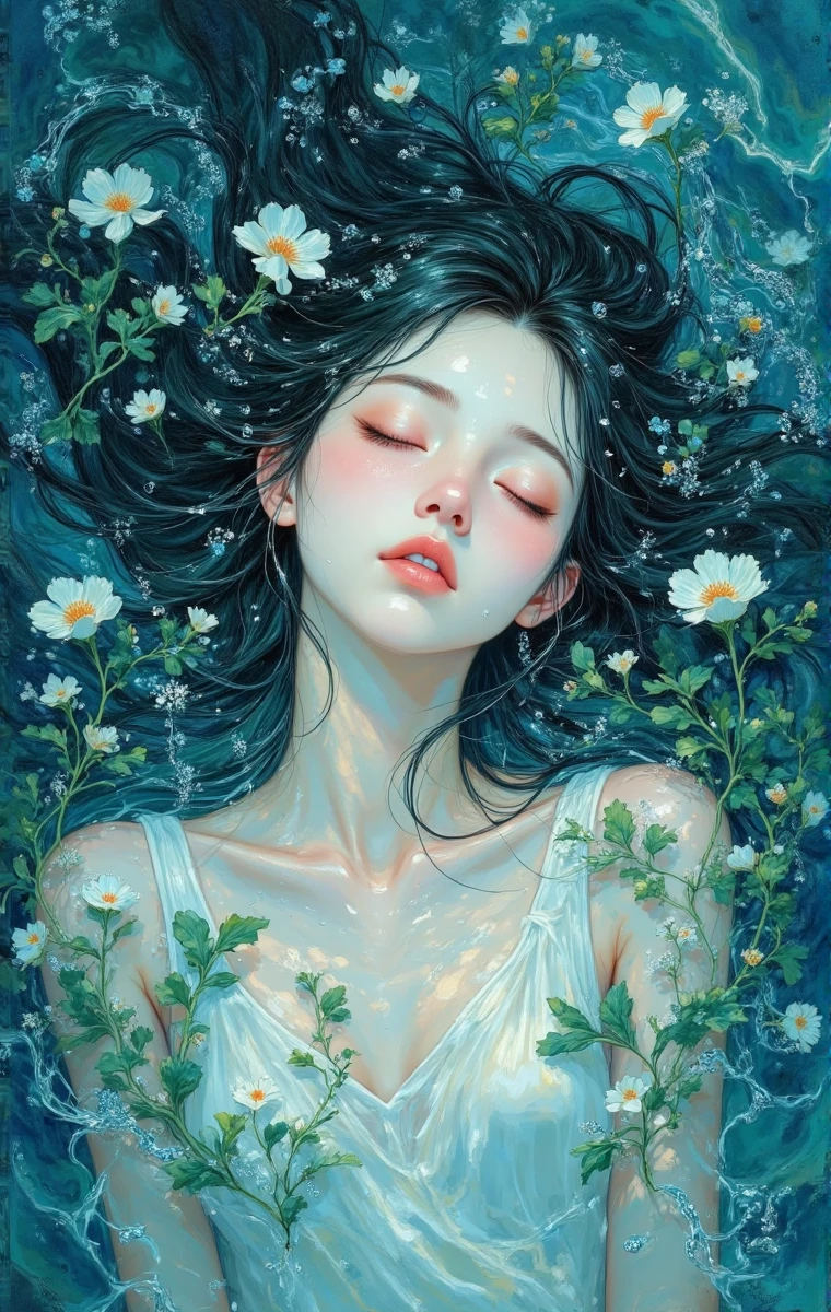 bbf,This painting presents a fantastic and beautiful style. The woman lies quietly with her eyes closed, as if sleeping in the blue waves. Her long hair stretches in the blue-green water like seaweed, and her hair is dotted with small flowers and water drops, adding flexibility. Her clothes are light, entangled with flowers and plants, blending with water waves and white flowers, creating a quiet and ethereal atmosphere, as if walking out of a scene from myth or dream, it conveys a quiet and mysterious beauty, as if telling a story about nature, sleep and beauty,