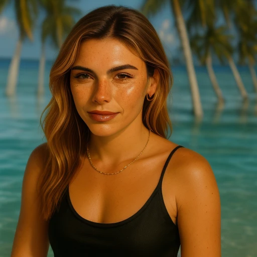 mbb, close-up, on a beach, ((topless)), wet hair, coconut tree, cinematic