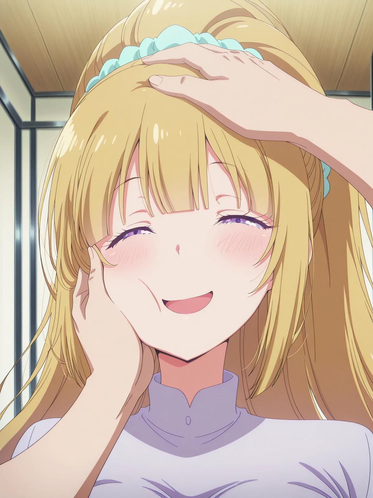 masterpiece, best quality, amazing quality,, <lora:kei-karuizawa-s2-illustriousxl-lora-nochekaiser:1>, kei karuizawa, long hair, bangs, blunt bangs, purple eyes, blonde hair, hair ornament, ponytail, scrunchie, blue scrunchie, mature female, medium breasts, anime screencap,, <lora:pov-cheek-and-head-pat-illustriousxl-lora-nochekaiser:1>, pov cheek and head pat, pov cheek and head pat (meme), looking at viewer, blush, smile, open mouth, upper body, closed eyes, solo focus, pov, hand on another's head, pov hands, headpat, hand on another's face, hand on another's cheek, petting,, , ,