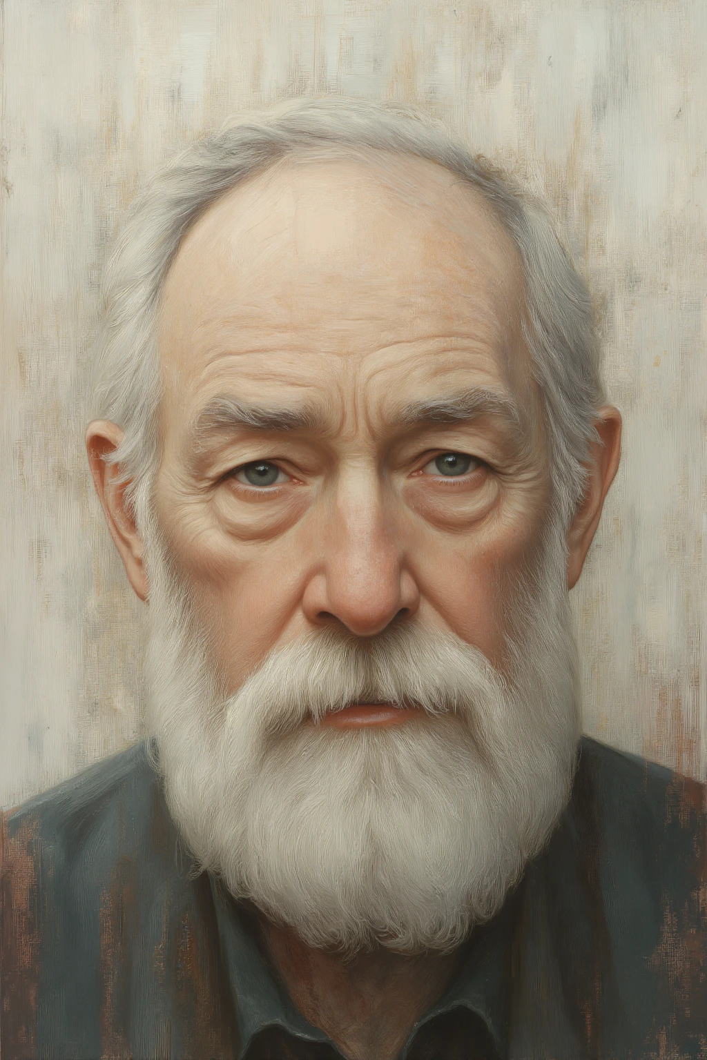 OBxiaoxiang,
The image depicts a close-up portrait of an elderly man with a white beard and hair. The background is a textured
somewhat abstract blend of muted colors
primarily consisting of light beige and gray tones. The man's face is the central focus
with his eyes looking directly at the camera
conveying a sense of wisdom and experience. The texture of the background adds a painterly effect
making the image appear as though it has been painted or digitally altered.