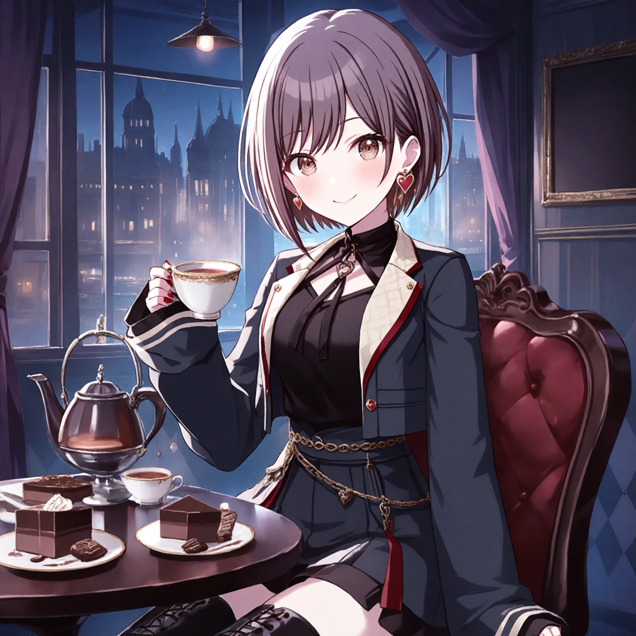 nijistyle, 1girl, (shinonome ena:0.1), project sekai, solo, cowboy shot, sitting,
valentine ena, brown eyes, detailed eyes, brown hair, short hair, four fingers and thumb, holding tea cup,
looking at viewer, smiling,
black thighhighs, heart earrings, black jacket, long sleeves, heart, red nails, black shirt, nail polish, open jacket, , thigh boots, zettai ryouiki, black skirt, sleeves past fingers, black ribbon, chain,
night, dark, indoors, gothic room, chair, table, tea set, chocolate on table,
masterpiece, best quality, amazing quality, very aesthetic, highres, ultra detailed,
<lora:hand 5.5:1>, <lora:ObIL-style-nijistyle02:0.8>, <lora:ObIL-25-ValentineEna01:0.6>