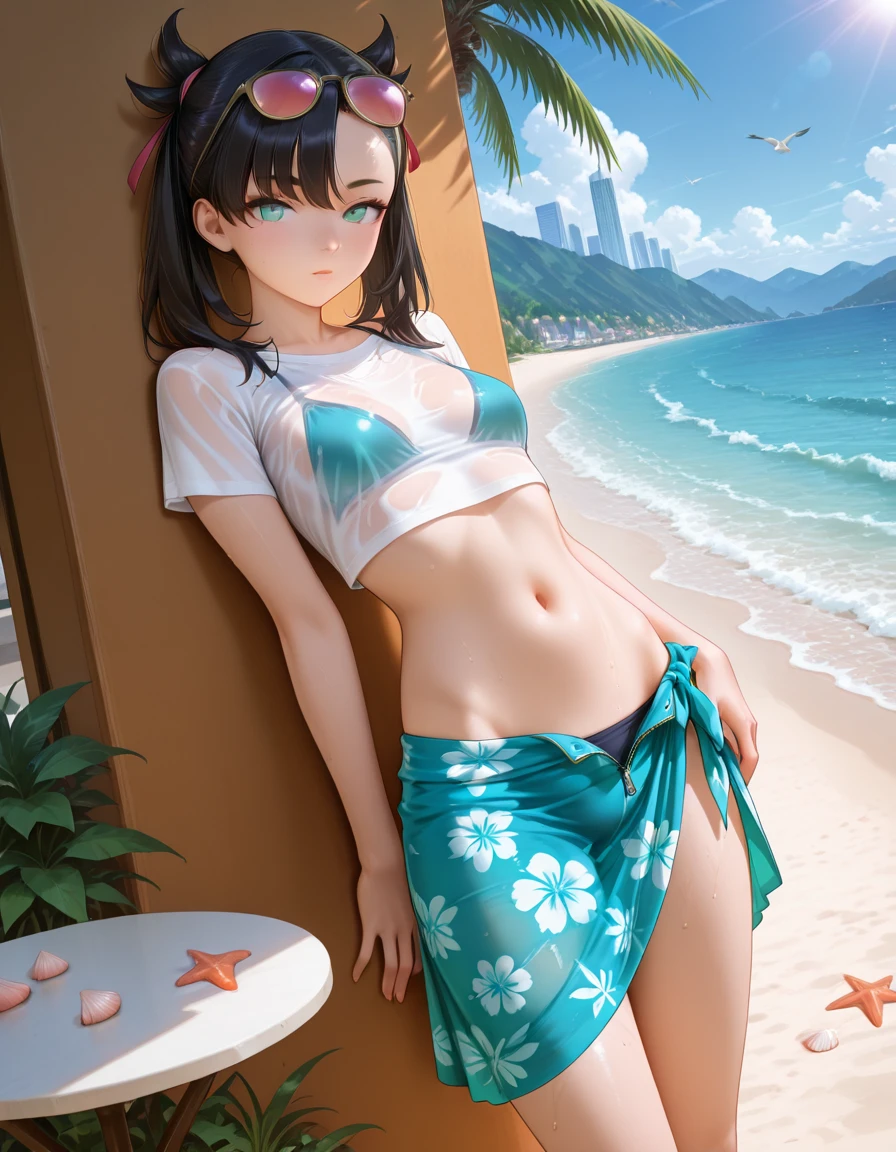 ff Tifa,Full body photo of the character，Manhwa Style，younger female，Black hair, aqua eyes, smile, （Fidelity：1.4）, RAW photogr,Small of breast，musculous，Abs ，long leges, full bodyesbian, deep shading，rays of sunshine，Smile Expression，a sexy pose，Reddish cheeks，Gentle eyes，wetted skin, perspire, hyper HD, Verism, Cinematic lighting, Masterpiece, Textured skin, High details，Beautiful detailed thighs,sandbeach，rays of sunshine，ocean water，taking a walk，walk，Floral skirt，slippers,Finger details，white  shirt，Open the shirt slightly，no-bra --auto