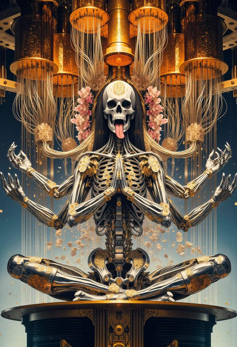 <lora:Quantum_computer> <lora:4armsfluxv2:0.4> <lora:Elden_Ring_-_Yoshitaka_Amano> <lora:CPA:0.33>overall shot, on the lower half of the image an anatomically accurate human skeleton robot made of chrome steel is sitting cross-legged in a meditative pose on a cyber-altar, sticking out his tongue, with six arms extended in sacred symbolic gestures, the steel anatomically accurate skull and bones composing his body are covered in intricate and detailed esoteric engravings, behind him imposing quantic computers are hanging from the ceiling of a mix between a futuristic cyberpunk temple and a quantic computer sleek server room with a faint orange neon glow and bright lighting, cables and wires come out from those computer and plug into the skull of the skeleton, The whole scene give a feeling mixed between technology and sacred, The skeleton is adorned with flowers and jewels, The lighting is dramatic and directional from below, highlighting the chrome reflections and engraved symbols. The overall composition is rich in detail, highly graphic, futuristic, quantum computer esthetics, light colored background, no perspective, no darkness