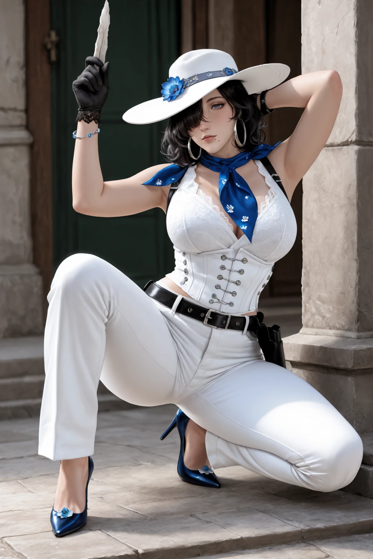 (masterpiece, best quality:1.2), solo, 1girl, mayonedssh, smile, looking at viewer, sitting, couch, hat, hair over one eye, makeup, lipstick, black hair, naked bandage, indoors <lora:zs_Mayone:0.8> <lora:attire_nakedbandage-12:1>
