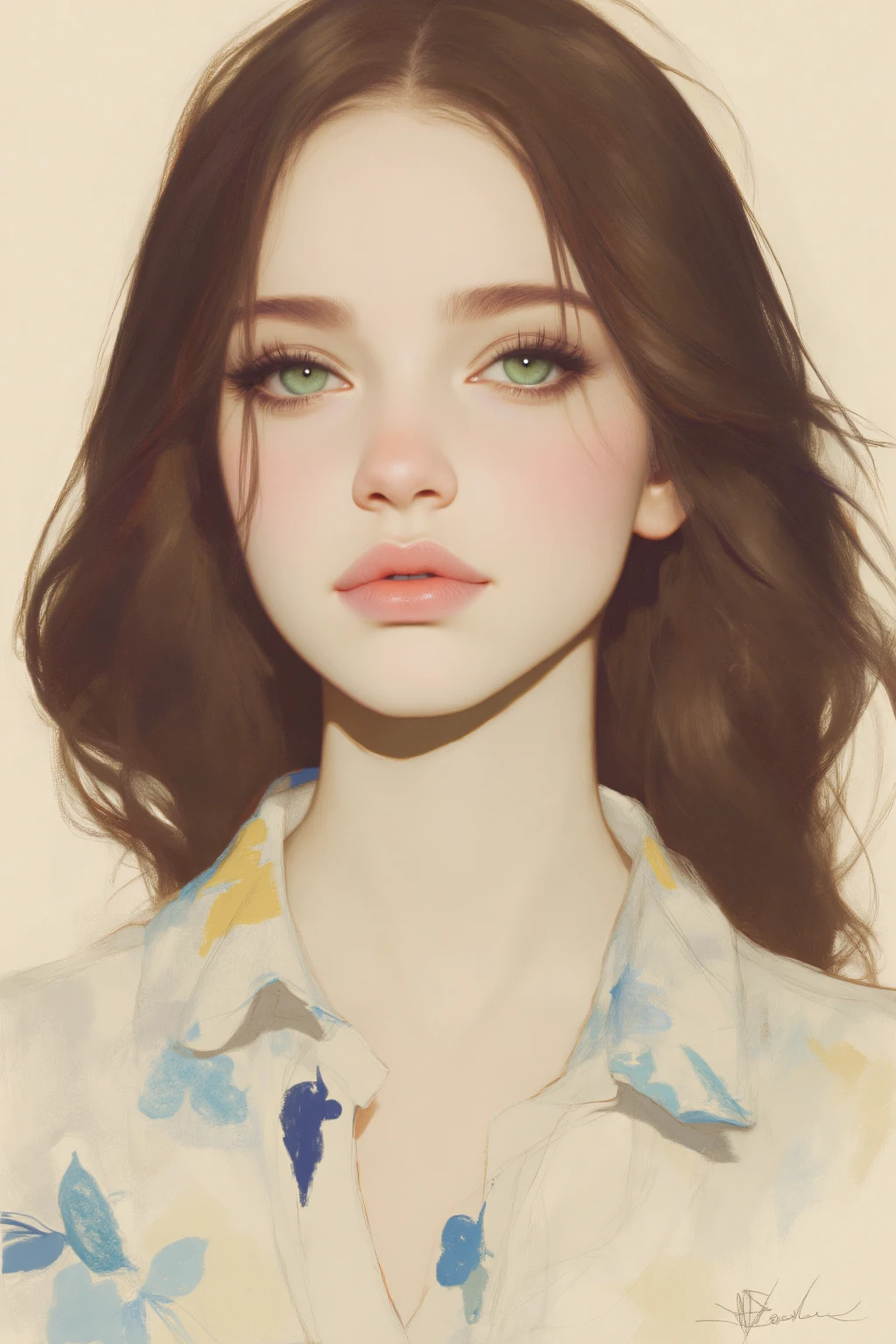OBxiaoxiang,
The image depicts a digital artwork of a young woman with long
wavy brown hair. She has a fair complexion and striking green eyes
accentuated by subtle makeup. Her lips are painted a soft pink
and she is wearing a light-colored shirt with a floral pattern in shades of blue and yellow. The background is a muted beige
which complements the soft
ethereal quality of the portrait. The overall style is highly detailed and realistic
with a focus on capturing the delicate features and textures of the subject.