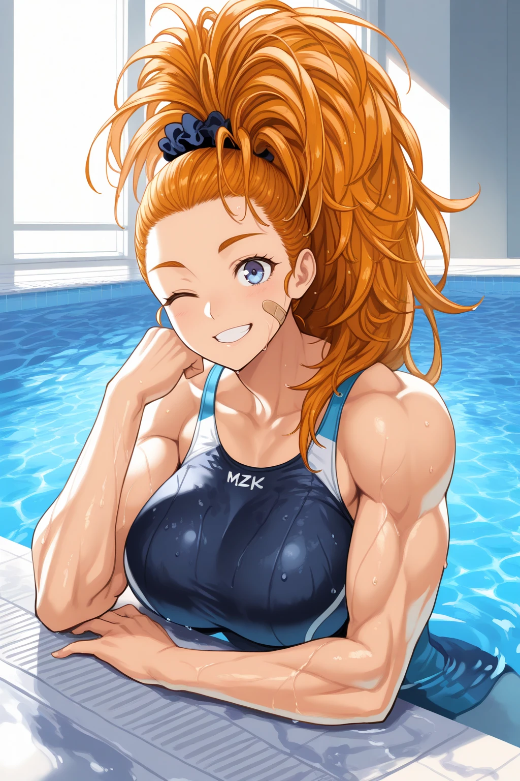 ((masterpiece))、((Top image quality))、((top-quality))、(((Illustration of one woman)))、(((Muscle Girl)))、full body Esbian、((30-years old))、((neuter))、((twin tails with orange hair))、Red Eyes、((Long body))、(((perspiring)))、((Steam wafting all over the body))、((Body wet with sweat))、(((Muscular and strong body)))、((Split abs))、(((muscular and thick arms)))、(((muscular and thick thighs)))、((manspreading))、((Sports Swimwear))、Sitting on a deck chair、in poolside