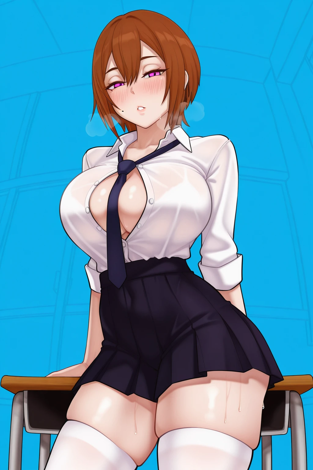 (masterpiece,best quality, detailed), 1girl, solo, indoors, prison, dark, kneeling, handcuffs, from above,
shiraki meiko, striped, midriff, prison clothes, glasses, hair bun,(masterpiece,best quality,detailed),blue sky,clouds,from below,cowboy shot, 1girl,solo,silver hair,shiraki meiko,black thighhighs,plaid skirt,ribbon choker,brown jacket,looking at viewer,glasses,huge breasts,(blush:1.3),(evil grin:1.2), holding teacher's whip,