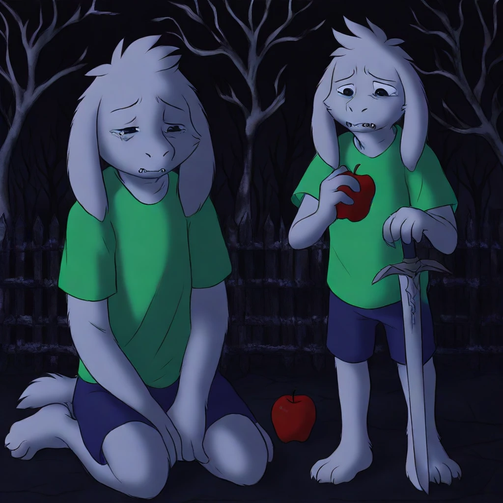furry male, apple, asriel dreemurr, green shirt, sad, 1boy, sword, t-shirt, tree, fence, dark, fangs, barefoot