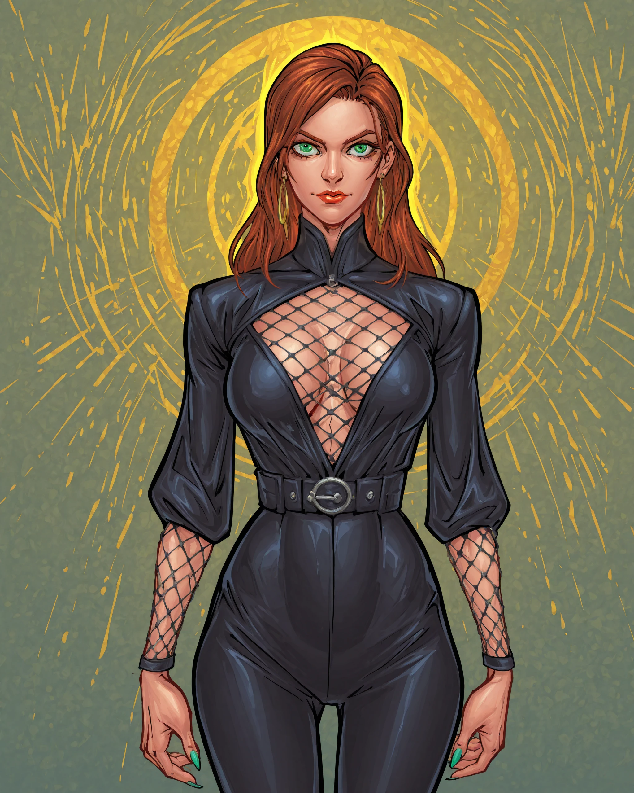 beautiful woman, red mesh bodysuit, cleavage, navel, antenna, (best quality,4k,8k,highres,masterpiece:1.2),ultra-detailed,(realistic,photorealistic,photo-realistic:1.37),hyperrealistic, extremely detailed face and eyes, intricate details, hyper detailed, cinematic lighting, vibrant colors, dramatic shadows, moody atmosphere, elegant pose, dynamic composition, seamless integration, flawless skin, glossy fabric, glowing highlights