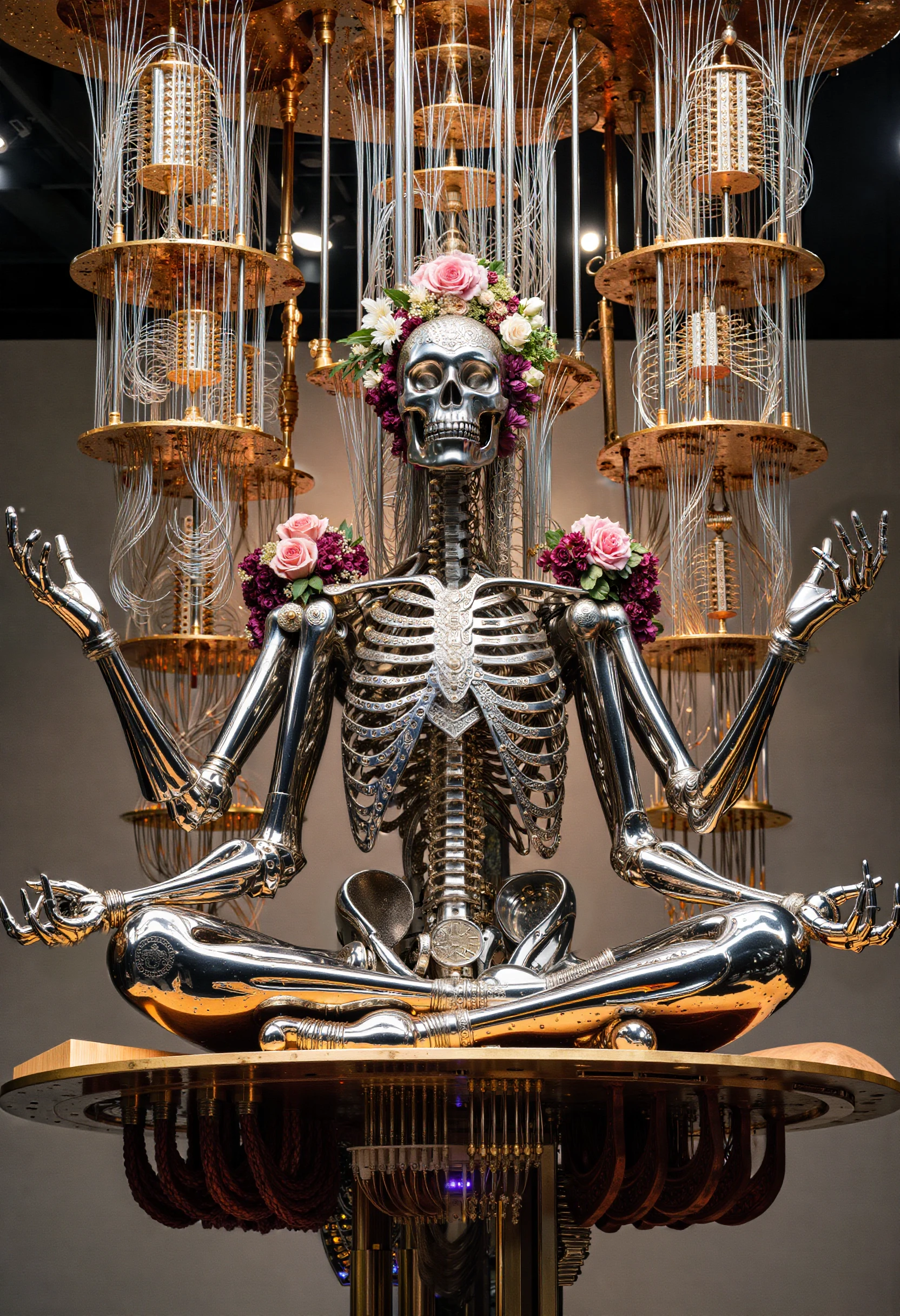 overall shot, an anatomically accurate human skeleton robot made of chrome steel is sitting cross-legged in a meditative pose on a cyber-altar, with six arms extended in sacred symbolic gestures, the steel anatomically accurate skull and bones composing his body are covered in intricate and detailed esoteric engravings, behind him quantic computers are hanging from the ceiling of a mix between a futuristic temple and a quantic computer server room with a faint orange neon glow and cyber-punk lighting, cables and wires come out from those computer and plug into the skull of the skeleton, The whole scene give a feeling mixed between technology and sacred, The skeleton is adorned with flowers and jewels, The lighting is dramatic and directional from below, highlighting the chrome reflections and engraved symbols. The overall composition is rich in detail, highly graphic, futuristic, quantum computer esthetics, light colored background, no perspective