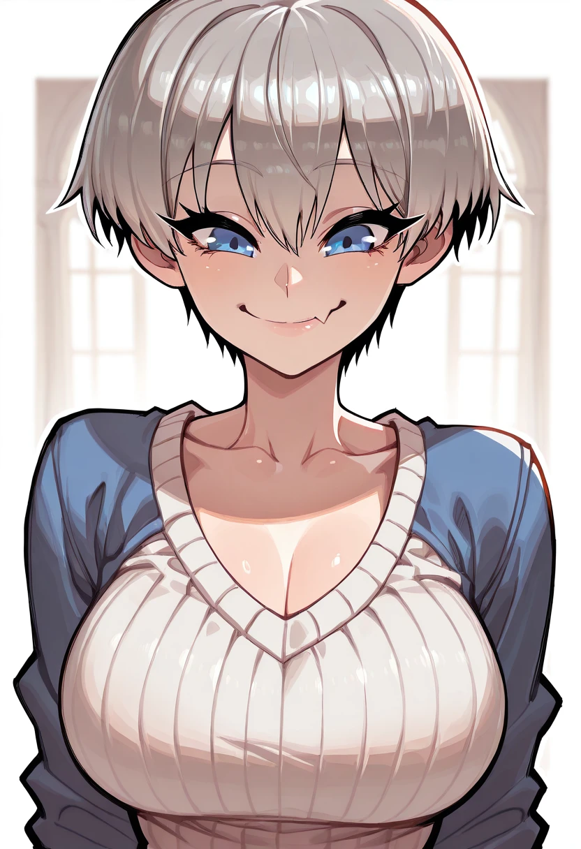 masterpiece, best quality, looking at viewer, upper body, portrait, looking at viewer, seductive smile, put your hands behind your head, armpits, armpits visible, sweaty armpits, isane, very large breasts, short silver hair,