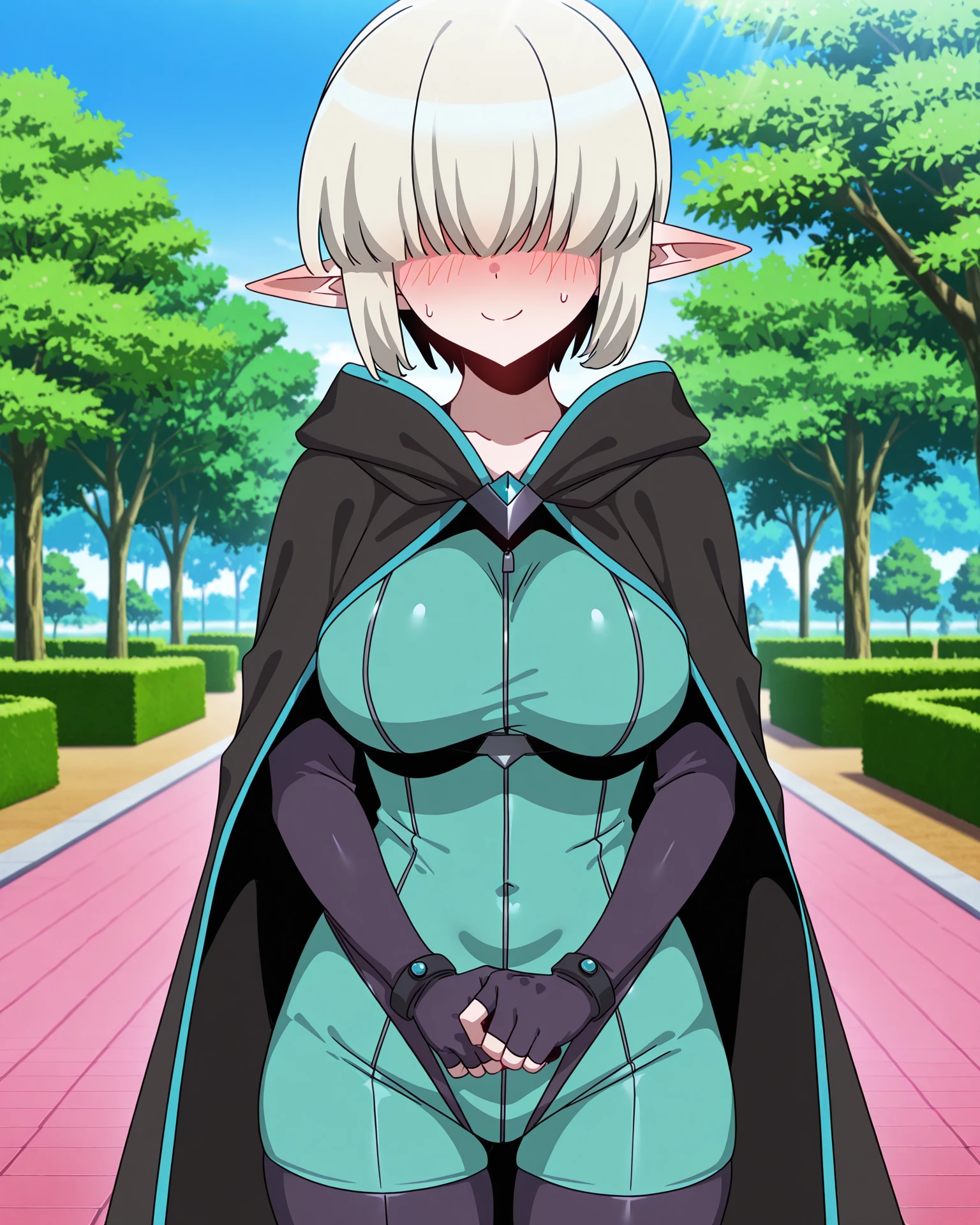 4k, ultra-detailed, absurdres, high resolution, beautiful lighting, cinematic composition, sharp focus, newest, (masterpiece:1.3), (best quality:1.3), (anime screencap:1.5),
highly detailed shading, soft shading, glossy skin, realistic proportions, standing,cowboy shot,smile,
soft lighting, blurred background, outdoors, park,blue sky,
petite, embarrassed,
<lora:susamix010-pony:0.6> (anime coloring),
<lora:Mint__No_Mans_Land:1>mintnml,hair over eyes, adventure outfit,cape,
<lora:AddMicroDetails_Illustrious:0.2> addmicrodetails,, large breasts