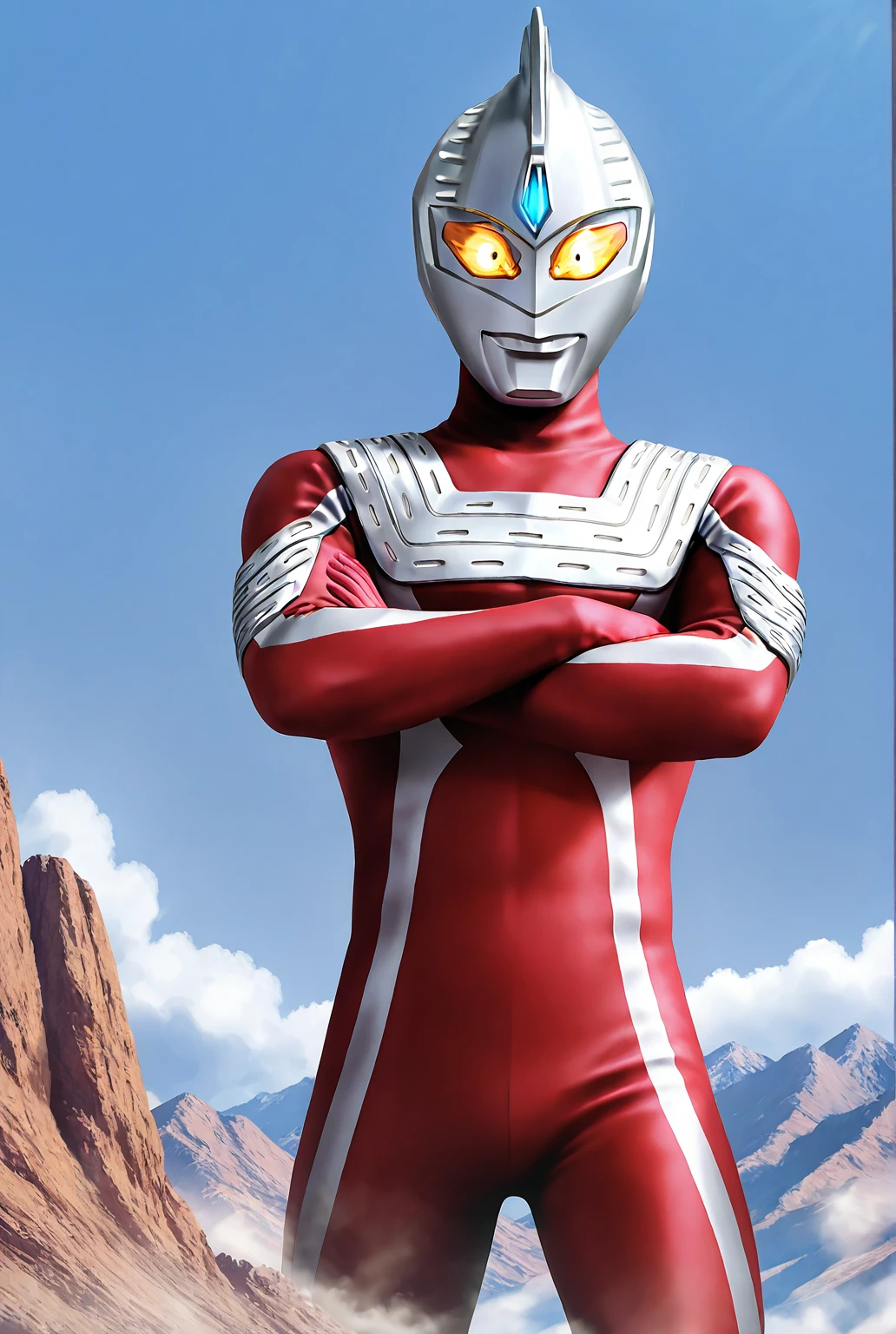 (masterpiece, best quality:1.3),extremely high detailed,intricate,8k,HDR,wallpaper,cowboy shot, jakarta, monas,fire,ruins,solo,ultraman ace,no humans,giant,bodysuit,bracelet,standing,holding weapon,((shield)),(red cape),