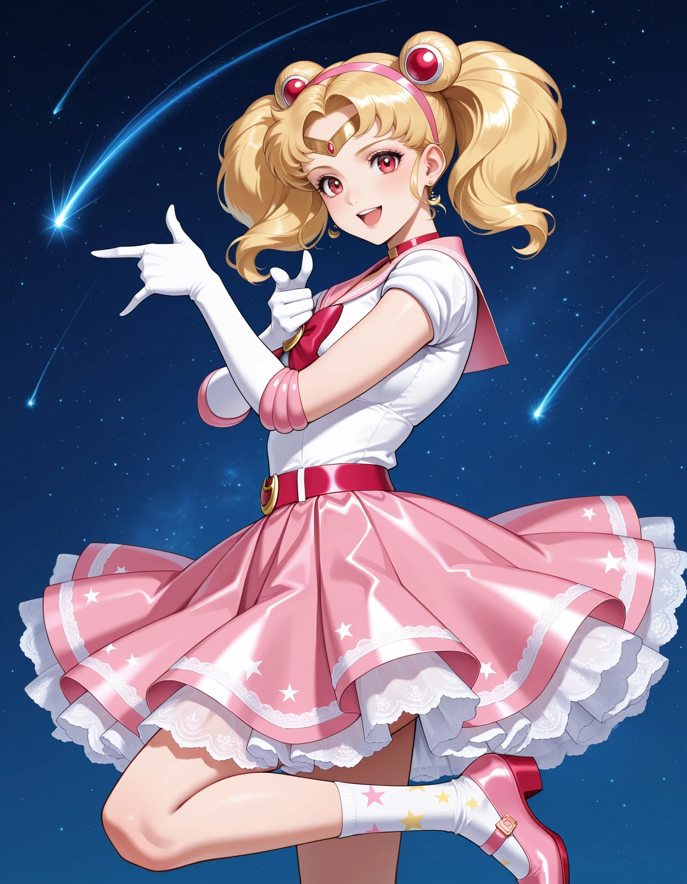 ((magical girl), ((gorgeous starry sky background)), ((ultra-detailed)), ((best illustration)), ((cinematic lighting)), dynamic angle, floating, smiling, confident, Ax, finely detailed, (glitter:1.2), (sparkle:1.2), (shine:1.2), classic, confident, calm (painting:1.1), (sketch:1.1), (best quality), (masterpiece:1.2), (anime style), (solo), ((masterpiece)),(((best quality))), fullbody, full height illustration, 1 girl, white hair color, no bangs, hairstyle, pink olive eyes, environment change scene, long Hairstyle , Pose Zitai, genshin adventurer, Star, Charturnbetalora, background, character sheet, chubby, flaccid, masterpiece, delicate, best quality, beautiful, fine, naked knees, big breasts, Cleavage, pale skin beautiful detailed face, (cute face:1.3), (big eyes:1.3), white short hair, (short hair), (floating hair:1.2), (magical girl outfit), detailed outfit, (sparkling wand:1.3), (magical effects:1.3), (cute boots:1.1), (transparent fabric:1.1), (twinkle:1.2), (glow:1.2), (radiance:1.2), (flicker:1.2), (dazzle:1.2), star guardian