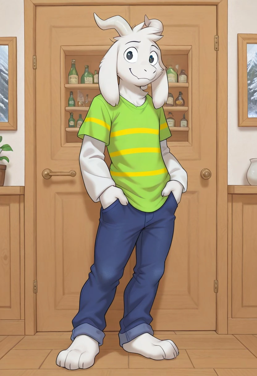 masterpiece, best quality, amazing quality, very aesthetic, high resolution, absurdres, newest, detailed background, furry, solo, male, no humans, asriel dreemurr, endertale, green t-shirt, striped shirt, blue jeans, horns, smile, standing, looking at viewer, full body
