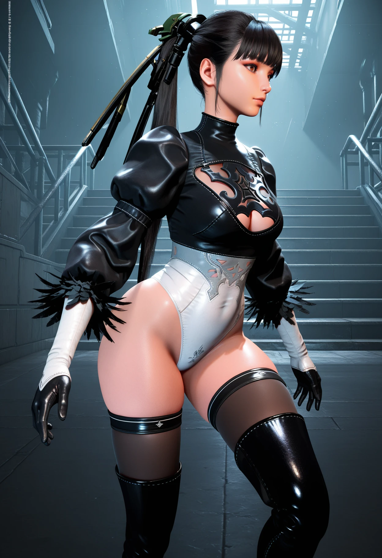 (masterpiece, best quality, ultra detailed, absurdres)1.5, 1girl, (sexy, beautiful woman, perfect face, perfect eyes, perfect female body, huge breasts)1.5, (bayonetta_2_shorthair_aiwaifu, short hair, black hair, alternate hair length, eyeshadow, lipstick makeup, black-framed eyewear, black bodysuit, white elbow gloves, black boots, high heel boots, chain, cleavage cutout, <lora:bayonetta_2_aiwaifu:1>), (standing, inside a cathedral), perfect lighting, smooth, hdr