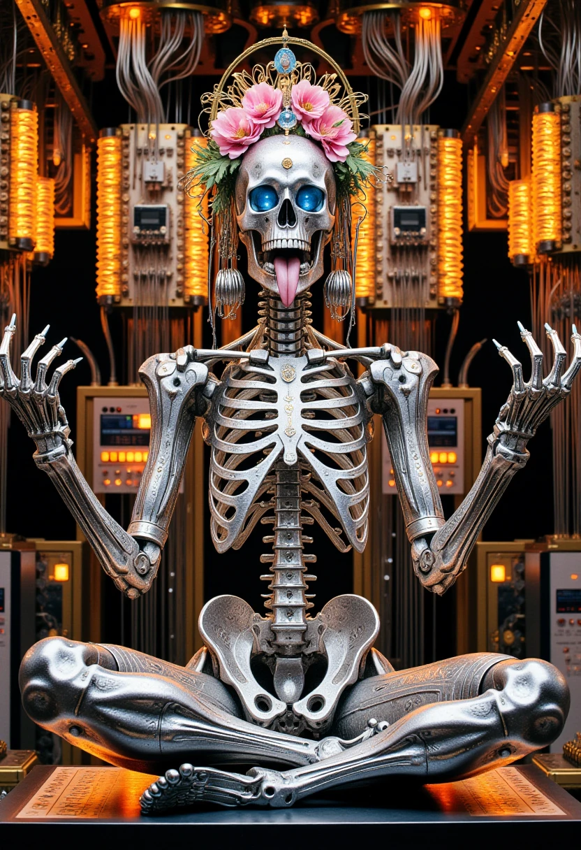 <lora:Quantum_computer> <lora:4armsfluxv2:0.4> <lora:Elden_Ring_-_Yoshitaka_Amano:0.77> overall shot, an anatomically accurate human skeleton robot made of chrome steel is sitting cross-legged in a meditative pose on a cyber-altar, sticking out his tongue, with six arms extended in sacred symbolic gestures, the steel anatomically accurate skull and bones composing his body are covered in intricate and detailed esoteric engravings, behind him quantic computers are hanging from the ceiling of a mix between a futuristic temple and a quantic computer server room with a faint orange neon glow and cyber-punk lighting, cables and wires come out from those computer and plug into the skull of the skeleton, The whole scene give a feeling mixed between technology and sacred, The skeleton is adorned with flowers and jewels, The lighting is dramatic and directional from below, highlighting the chrome reflections and engraved symbols. The overall composition is rich in detail, highly graphic, futuristic, quantum computer esthetics, light colored background, no perspective