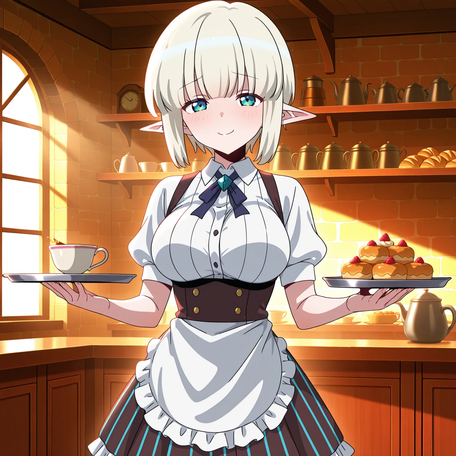 amazing quality, 4k, ultra-detailed, absurdres, high resolution, cinematic soft lighting, (masterpiece:1.3), (best quality:1.3), (anime screencap:1.5),
1girl, petite, wearing short café apron over dress, striped uniform skirt, white blouse with puff sleeves, ribbon tie, holding tray ,teacup on tray, shy smile,light blush, relaxed pose,
warm café interior, counter in background, pastries on shelf, sunlight through windows,looking at viewer,
petite,
<lora:susamix010-pony:0.6> (anime coloring),
<lora:Mint__No_Mans_Land:1>mintnml,
<lora:AddMicroDetails_Illustrious:0.3> addmicrodetails, large breasts