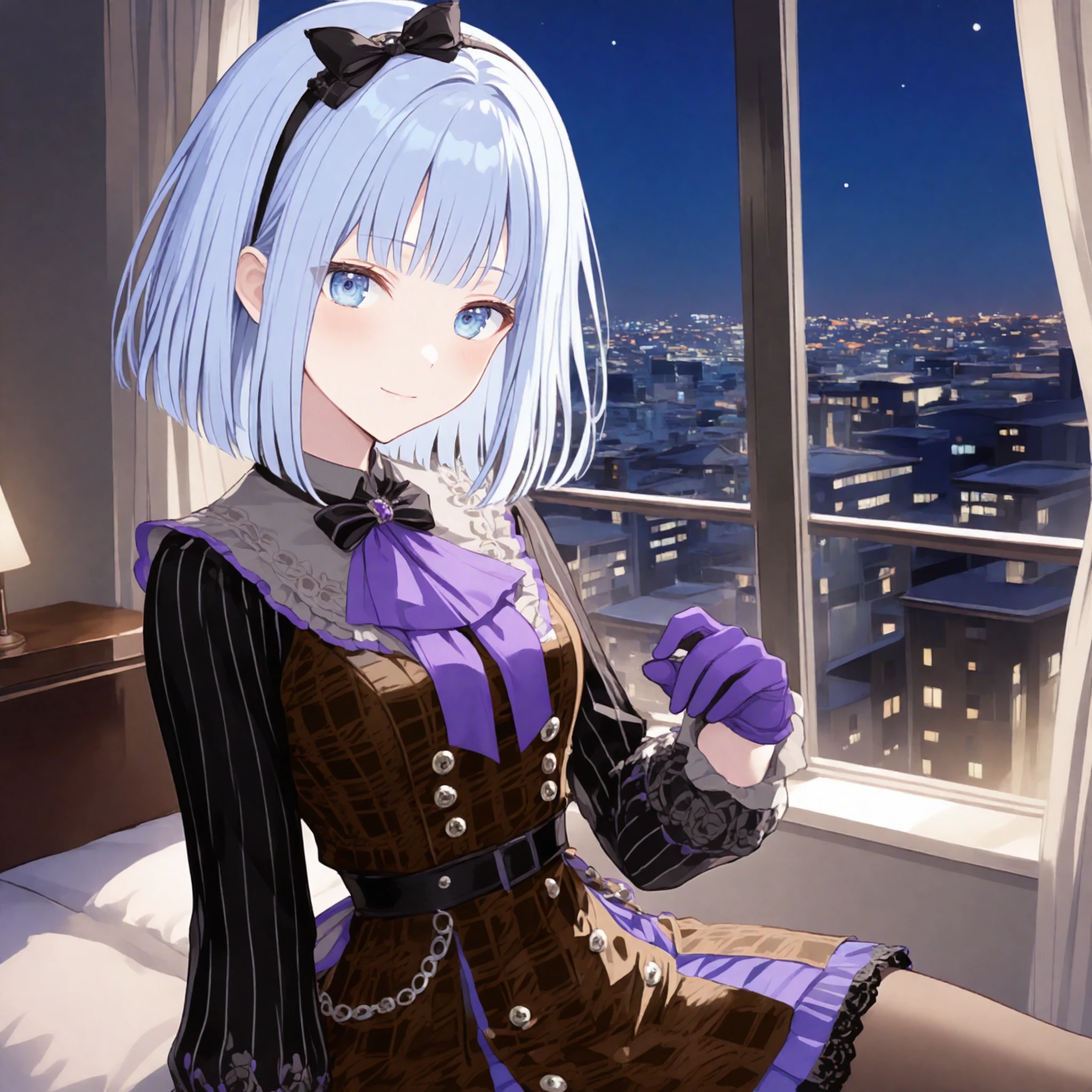 nijistyle, 1girl, (yoisaki kanade:0.2), project sekai, solo, cowboy shot, sitting, aged up,
valentine kanade, blue eyes, detailed eyes, small eyes, short hair, silver hair, blunt bangs, four fingers and thumb,
looking at viewer, light smile,
purple gloves, black hairband, black bow, brown dress, buttons, brown pantyhose, striped sleeves, puffy long sleeves, purple ascot, lace trim, purple bowtie, black belt, plaid dress, bowtie, plaid, hair bow, double-breasted, ascot, lace, pleated dress, black shirt, two-tone dress, black sash, bow hairband, sleeves past elbows, black dress, sleeveless dress, ribbon, pinafore dress, frills, collared dress,
night, dark, indoors, hotel room, large window, view of city of night,
masterpiece, best quality, amazing quality, very aesthetic, highres, ultra detailed,
<lora:hand 5.5:1>, <lora:IL-style-nijistyle02:0.8>, <lora:IL-25-ValentineKanade01:0.6>