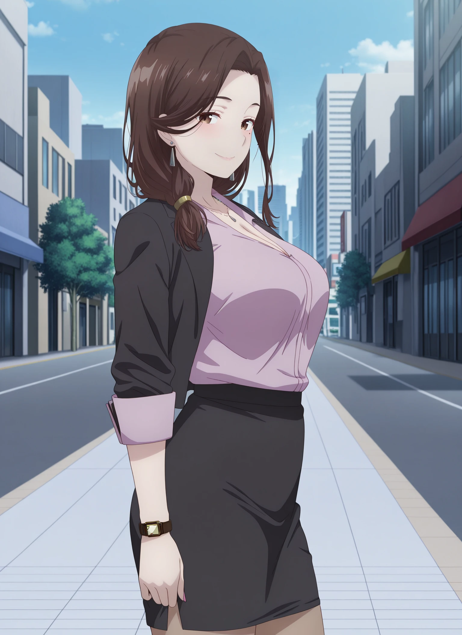 best quality, (masterpiece:1.2), highly detailed, outdoors, park, city,
1girl, solo, <lora:chara_HigeHiro_GotouAiri_v1:0.8>, gotou airi, one mole under eye,
looking at the viewer, large breasts, slight smile, closed mouth, mature female, (standing:1.2),
brown eyes, brown hair, long hair, necklace, earrings, black jacket, collarbone, pencil skirt, cleavage