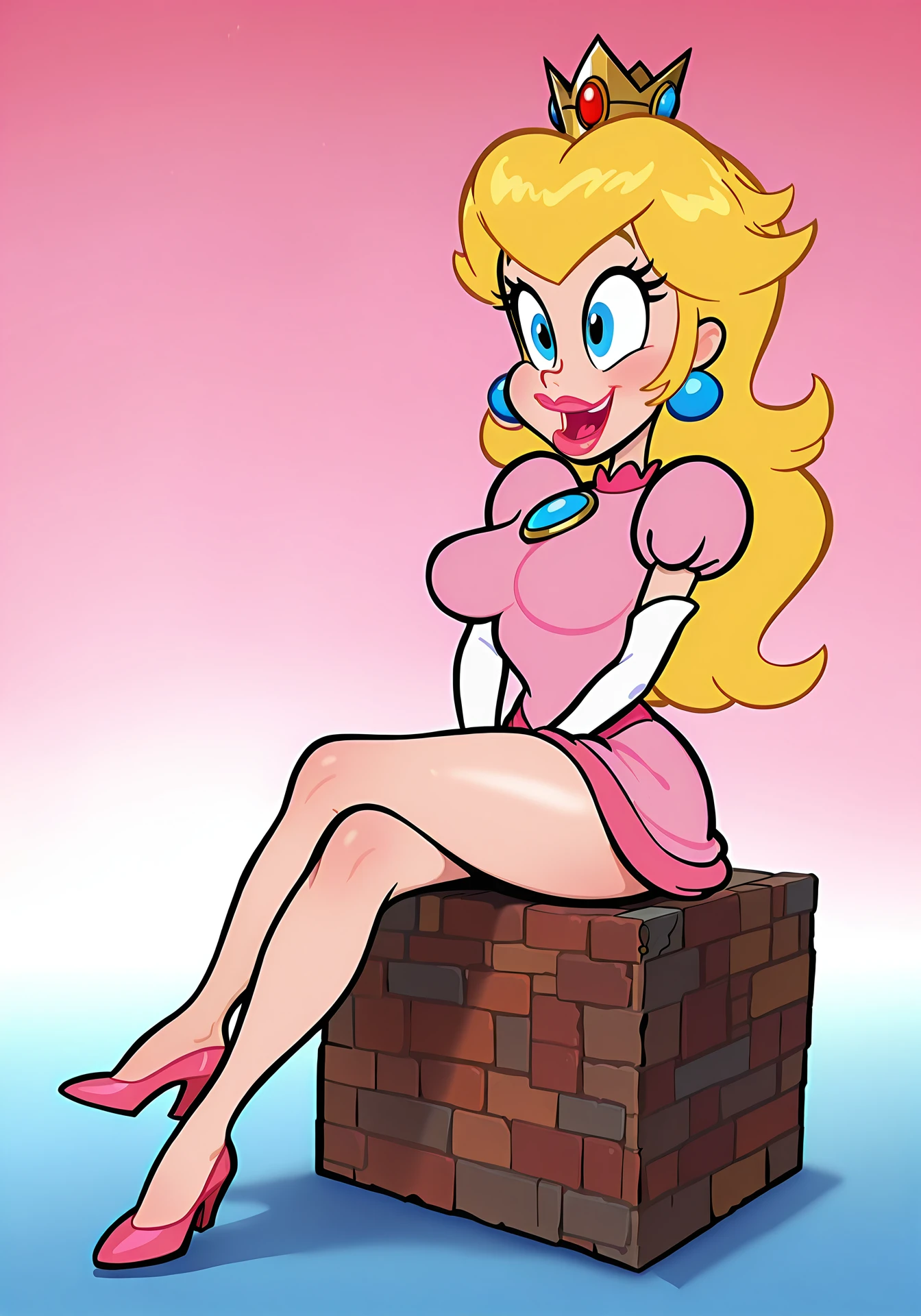 STICKER, (solid outline:1.3), (NSFW:1.2), A detailed illustration of a vivid Sexy Princess Peach from Mario kneeling down, bare breasts, pink thong, face view, Solo Female, big breasts, small golden crown, erect nipples, Full length View, high heeled boots, shoes visible, white gloves, no background, zoom out, centre model, vintage t-shirt design, in the style of hand drawing, 3D vector art, fantasy art, watercolour effect, Adobe Illustrator, hand-drawn, digital painting, low-poly, soft lighting, isometric style, retro aesthetic, focused on the character, 4K resolution, photo realistic rendering, using Cinema 4D,