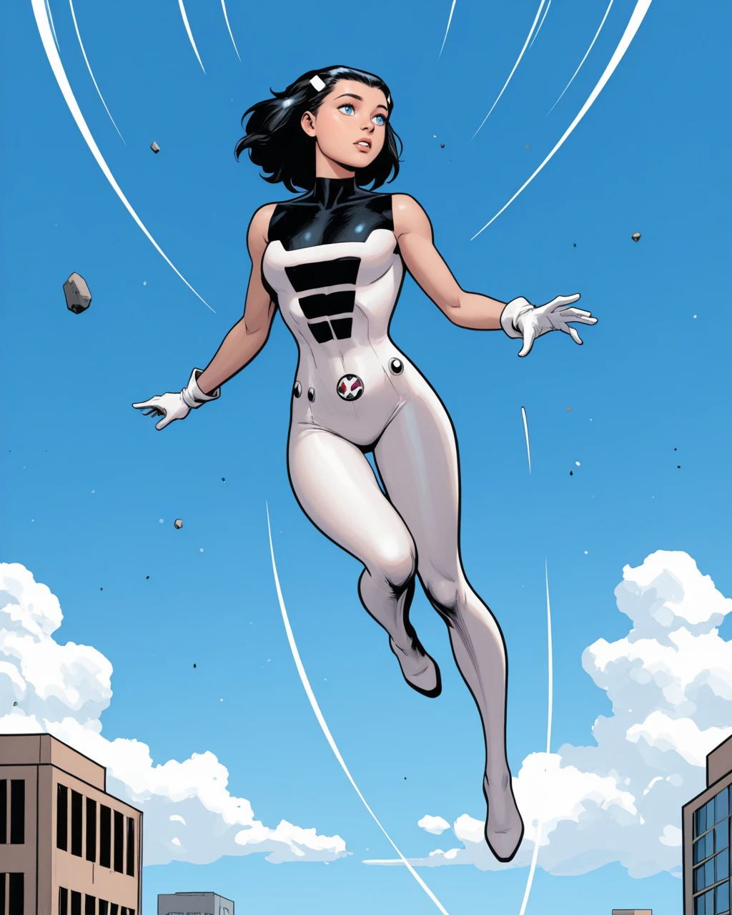 Comic art, medium shot of a sexy woman posing in front of space battle, flat colors, black line art, low camera angle, dynamic pose, looking confident, looking serious, looking off into distance