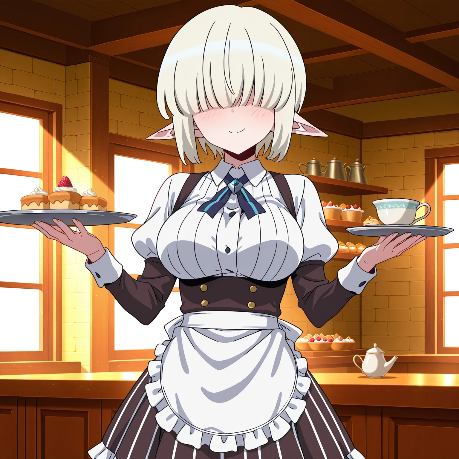 amazing quality, 4k, ultra-detailed, absurdres, high resolution, cinematic soft lighting, (masterpiece:1.3), (best quality:1.3), (anime screencap:1.5),
1girl, petite, wearing short café apron over dress, striped uniform skirt, white blouse with puff sleeves, ribbon tie, holding tray ,teacup on tray, shy smile,light blush, relaxed pose,
warm café interior, counter in background, pastries on shelf, sunlight through windows,looking at viewer,
petite,
<lora:susamix010-pony:0.6> (anime coloring),
<lora:Mint__No_Mans_Land:1>mintnml,hair over eyes,
<lora:AddMicroDetails_Illustrious:0.3> addmicrodetails, large breasts