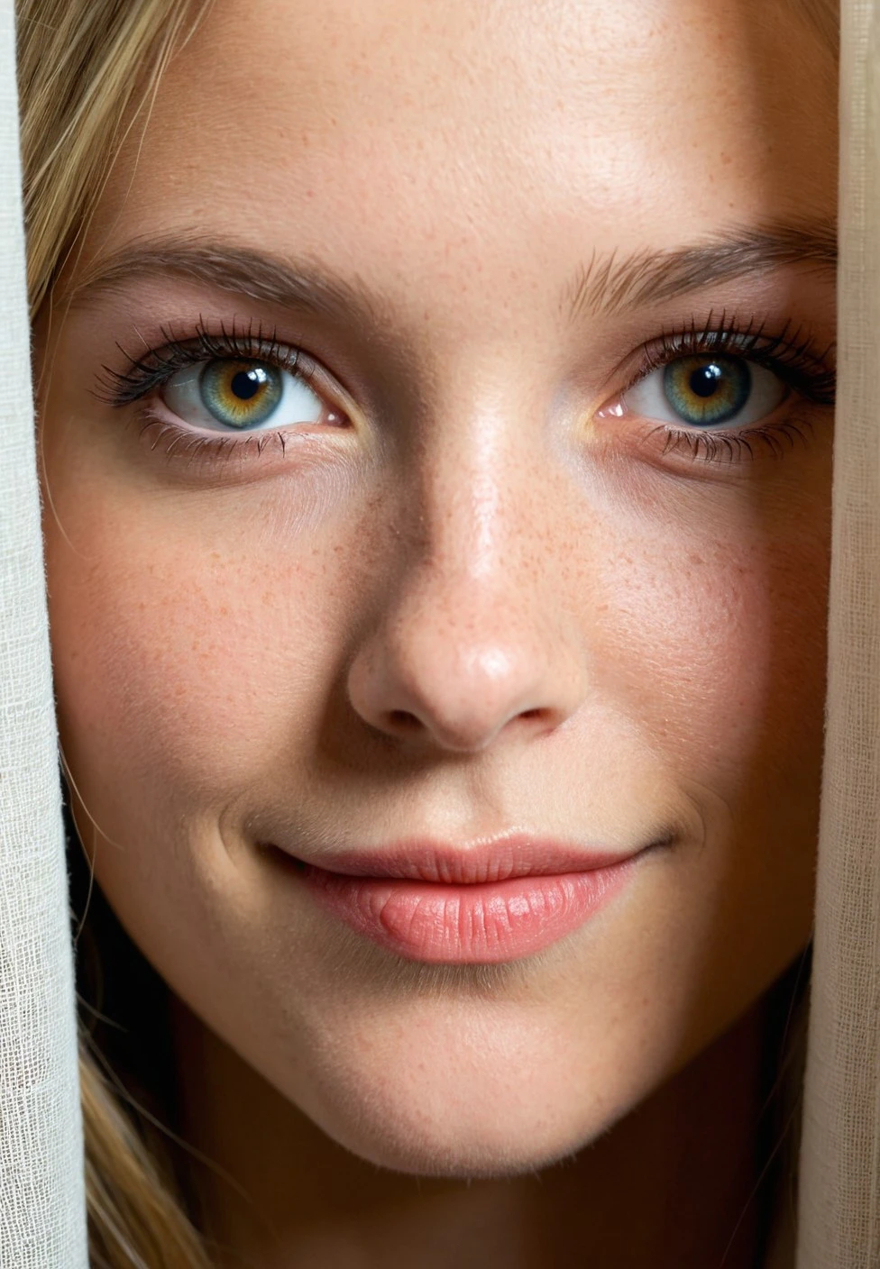 Photo, RAW, Best Quality, High Quality, HDR, 4K, Intricate Details, Beautiful, very detailed, volumetric lighting, Confused, Soft features, absurdres, 24yo dutch woman, beautiful eyes, shy, seductive, teasing, playful, action, motion, colorful, dynamic angle, oval face, hazel eyes, monolid eyes, lips apart, (upper body photo:1.3), framed between two curtains, structure, realistic, ultra detailed, realistic skin texture, gentle smile,