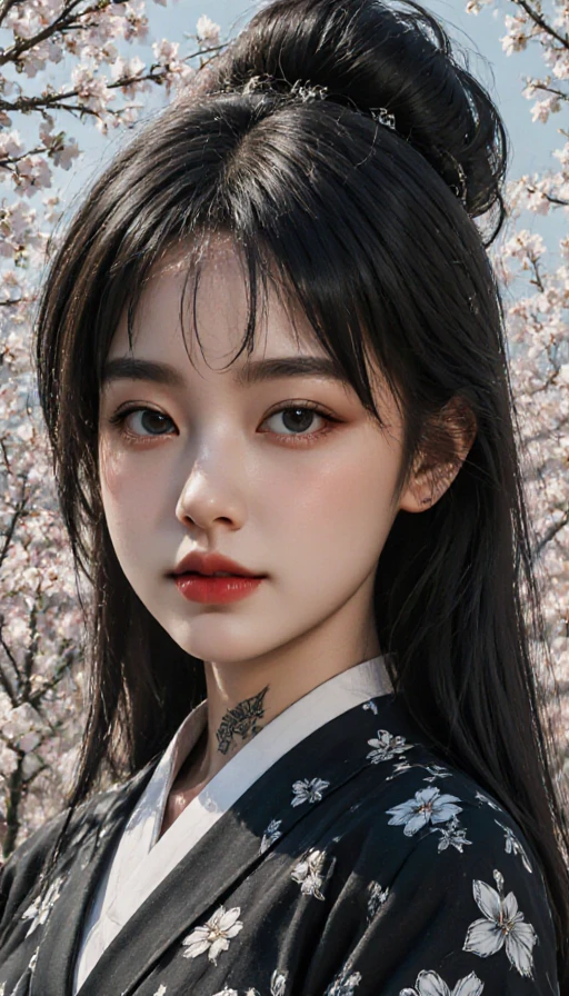 1 girl, black hair, blue eyes, long hair, bun hair, hair accessories, full body, (full of cherry blossoms in the background), standing, (black and white kimono:1.2), (tattoo:1.2), real art, (masterpiece), (best quality), highres, korea girl, 8k, (realistic, photo-realistic:1.4), (korean idol:1.3), ((beauty 21 years old)), naturalness, ultra detailed, physically-based rendering, beauty, detailed beautiful eyes and detailed face, huge breasts, breasts exposed, delicate facial features, Blunt bangs, mixed American Korean actress, sexy Korean female idol-type face, natural and detailed Handsome beauty doll face, ((Peaceless beauty face: 1.2)), an expressionless face, 21yo, greatest Glamour body type, flim grain, perfect dynamic composition, beautiful detailed eyes, asian girl, (big breasts:1.6), (long legs:1.5), FilmGirl, big breast, vagina, <lora:lightAndShadow_v10:0.5>, <lora:20d_v10:0.35>, (best body proportions, best anatomy), (realistic, photo-realistic:1.3), high perspective, <lora:add_detail:0.4>, <lora:artgerm_v2.1:0.6>, <lora:film:0.4>, <lora:Blueprint_v10:0.8>