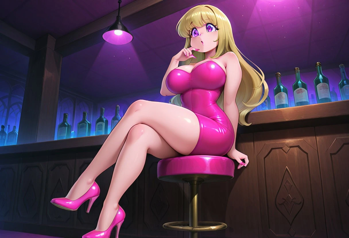 a pink haired woman with violet eyes is wearing a Playboy bunny outfit in a casino
