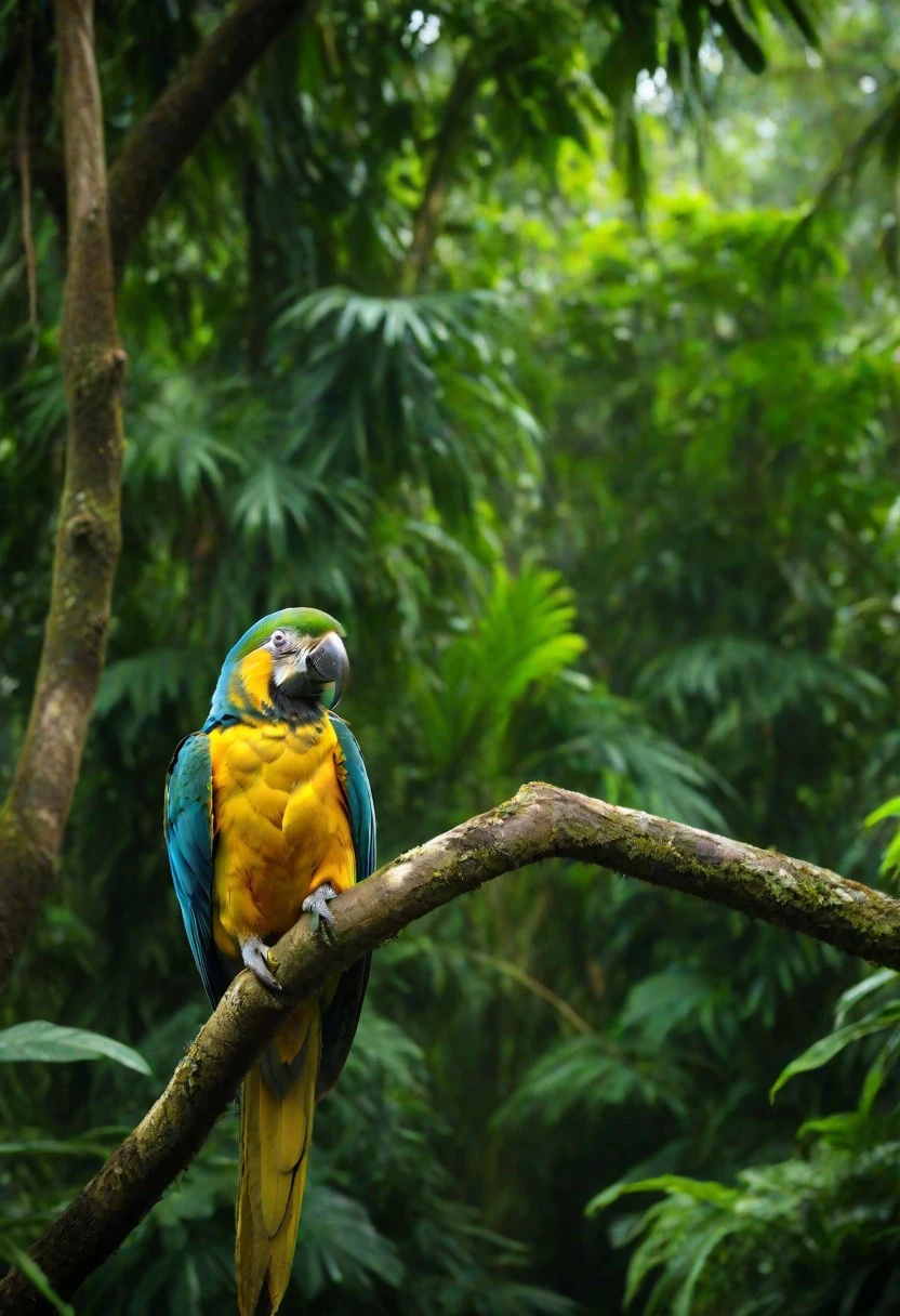 masterpiece, best quality, newest, highres, absurdres, depth of field, focused subject, sfw,
parrot,
jungle, tree,