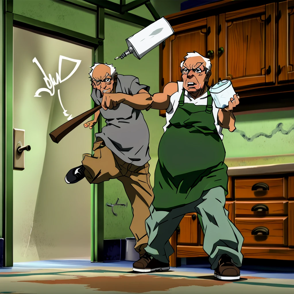 graffiti, brown jacket, streetlight, green apron, background figures, older character, exchange gesture, room, serious expression, dynamic pose, nunchucks, gray shirt, kicking, milk carton, wooden cabinets